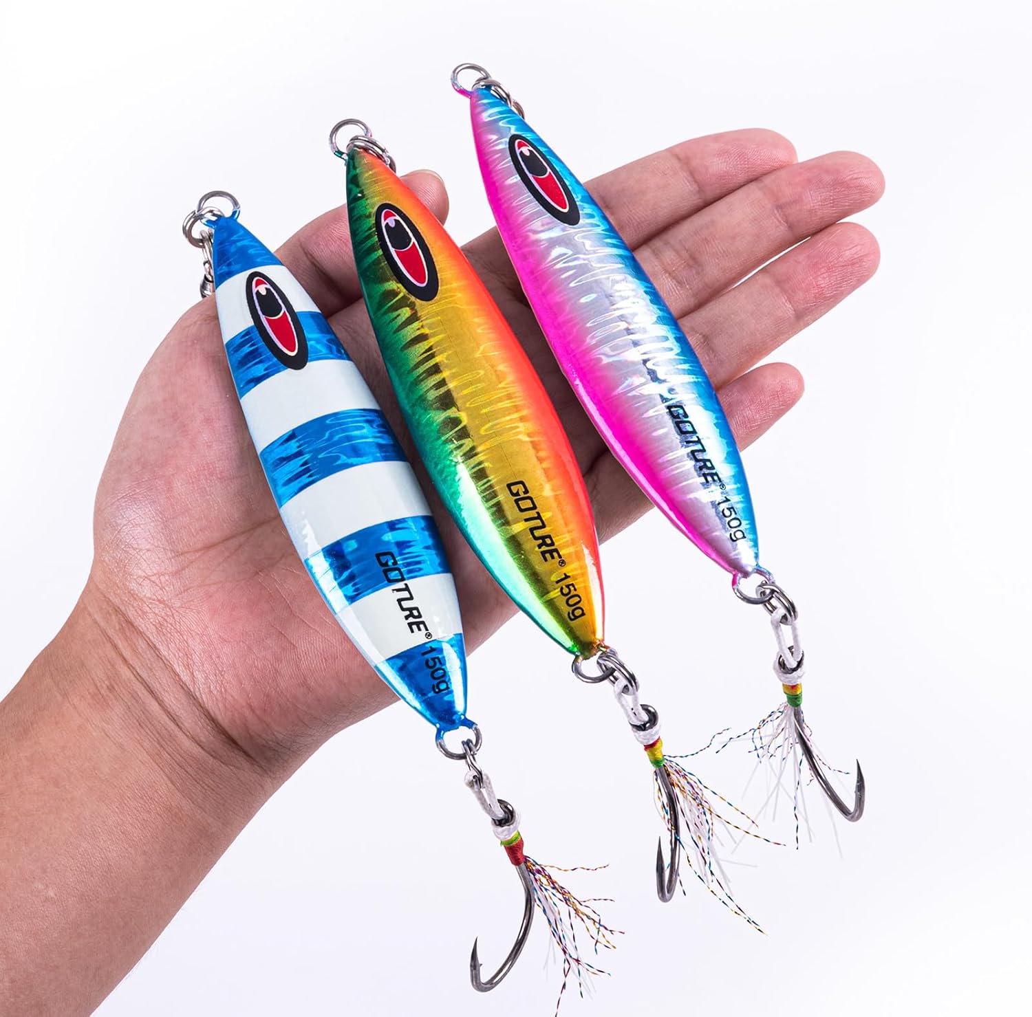 Goture Slow Flat Fall Luminous Lead Vertical Saltwater Artificial Lure Jig Fishing Lure with Two Assist Mustad Hook for Tuna Kingfish Bass Salmon