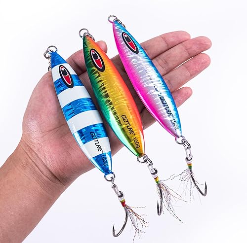 Miniatura 5 de Goture Jig Lento Plano Otoño Luminoso Plomo Vertical Jig Señuelo Artificial de Agua Salada Señuelo de Pesca con Dos Asistencias Mustad Gancho para