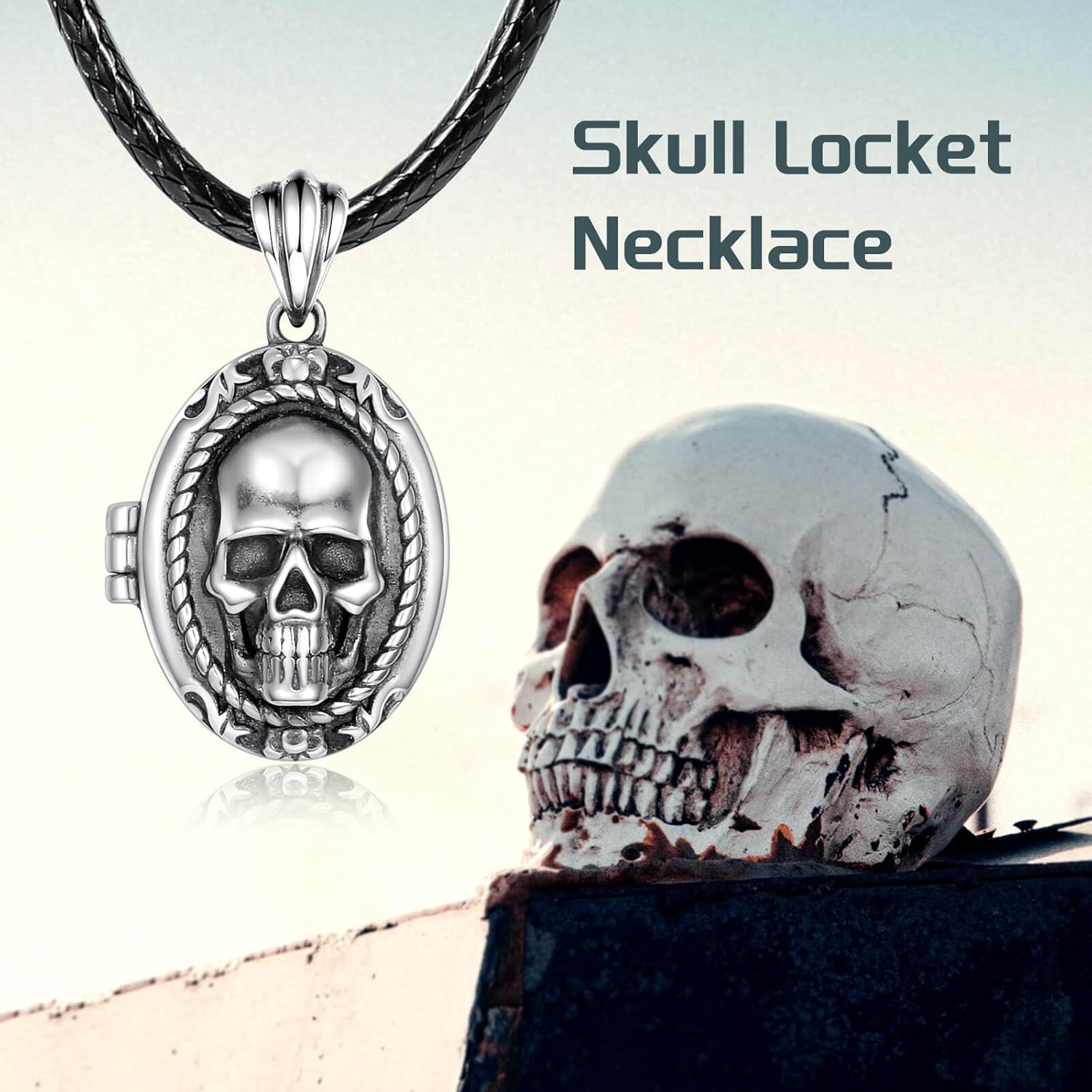 Skull Locket Necklace for Women - 925 Sterling Silver Gothic Skeleton Head Pendant that Holds Pictures Vintage Memorial Jewelry Halloween Gifts for Her - Image 2