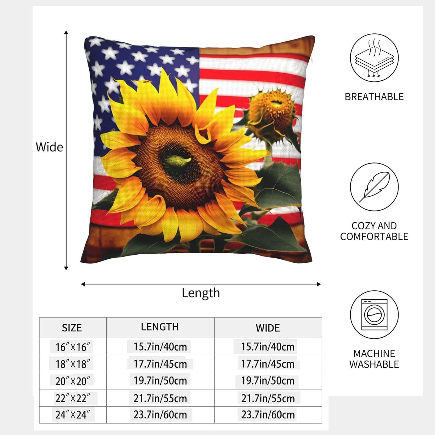 Sunflower and American Flag Imitation Linen Pillowcase -2 Sets, Fashionable Home Decoration, Used for Sofas, Gardens, beds