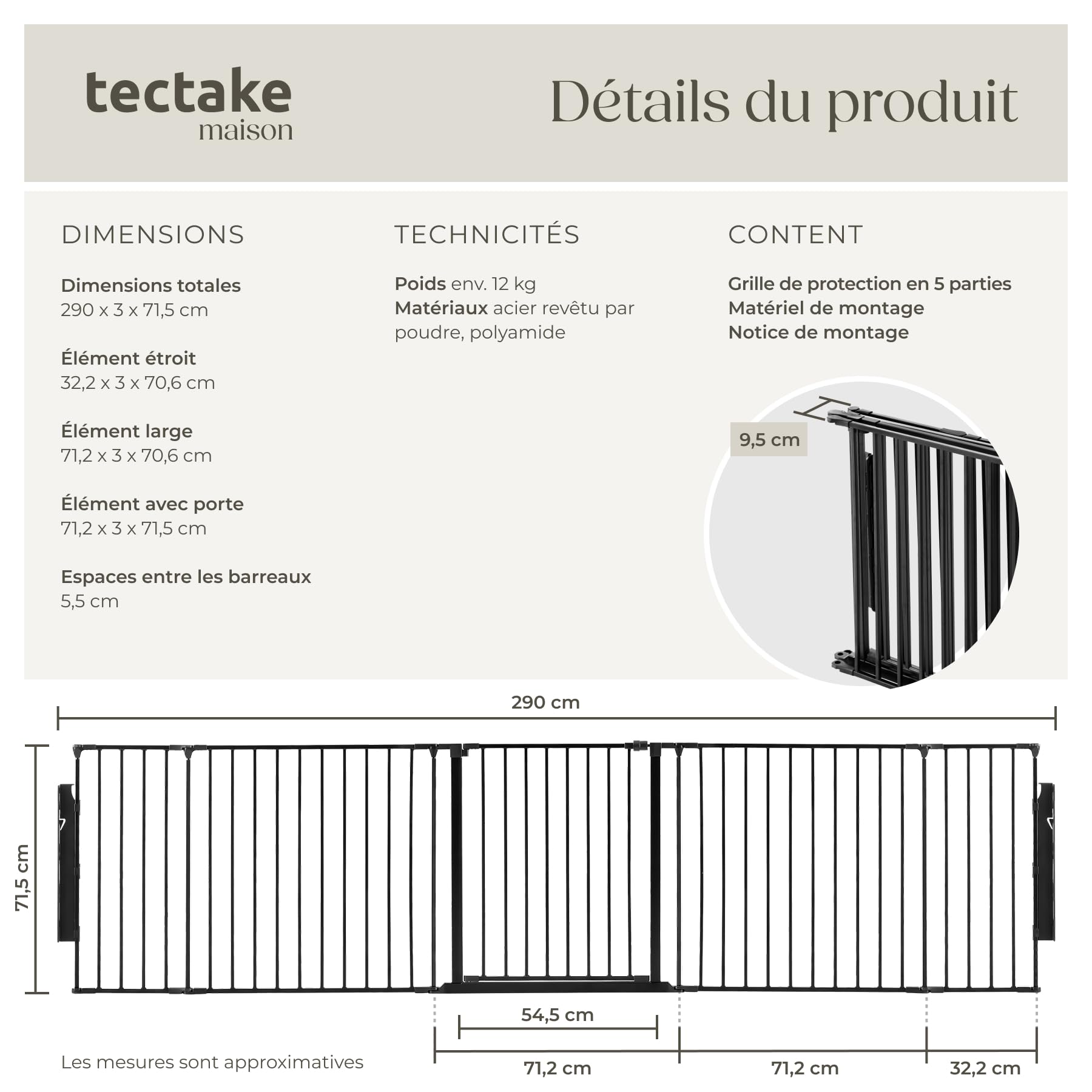 tectake® Barrière de Sécurité Clôture Cheminée 290 cm pour Enfant Chien Chat Pare-Feu Bébé Barrière escalier Barrière Cage Pare-feu Grille de Protection 5 Panneaux Pliable - Noir