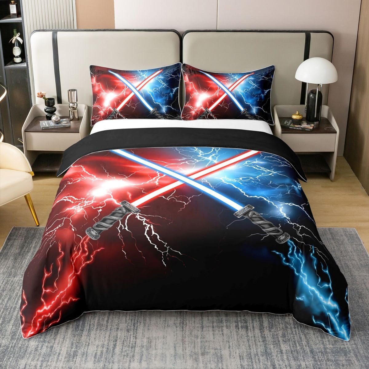 Feelyou Lightsaber Duvet Cover 100% Cotton Twin Size Kids Red Blue Comforter Cover Set for Boys Teens Lightsaber Grommet Bedding Set Future Technology Bedspread Cover Room Decor Quilt Cover