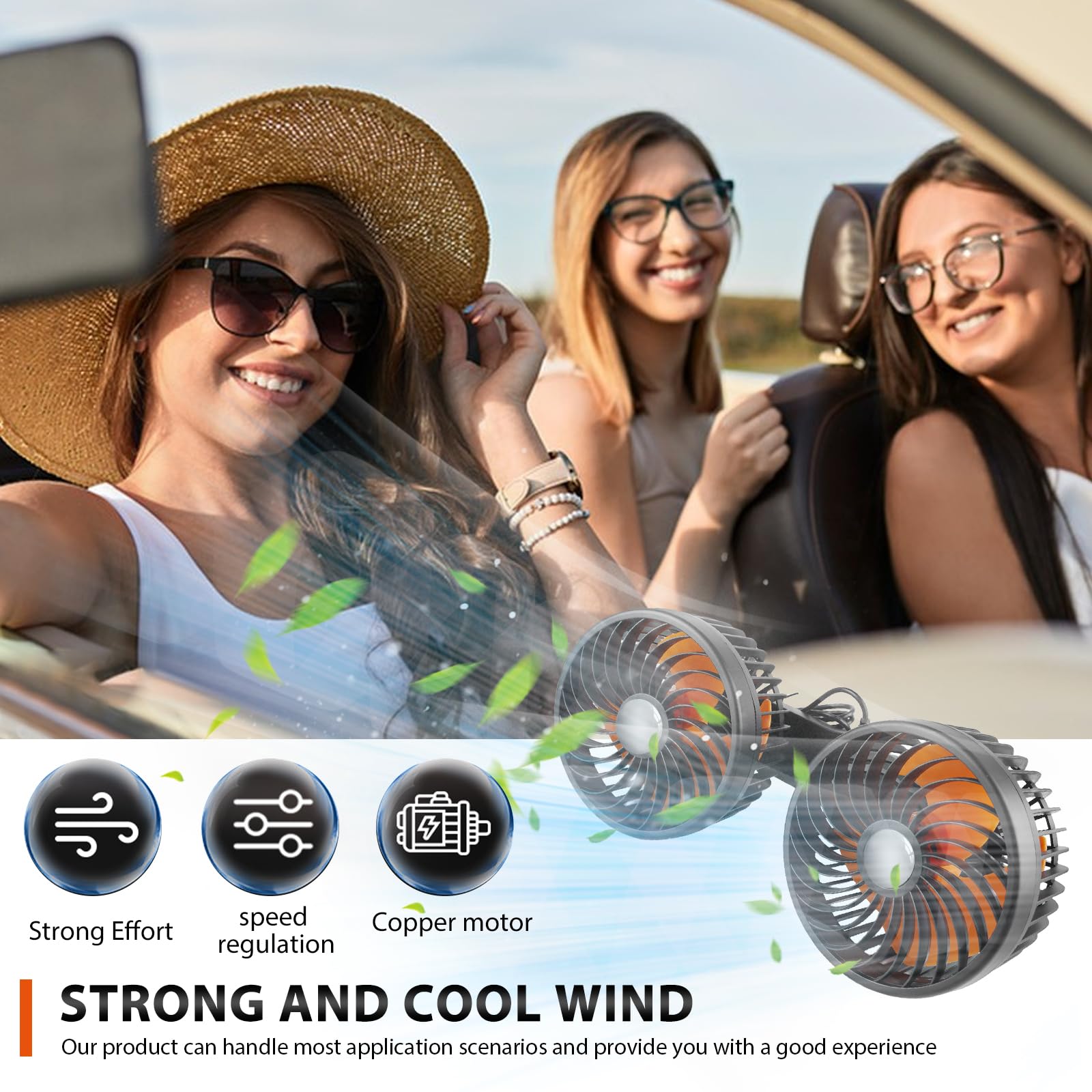 Ventilatore per auto, 12 V, per sedile posteriore, girevole a 360 gradi, ventola per auto a doppia testa, ventilatore per auto, mini ventilatore, portatile girevole a 360°, per veicoli come berlina,