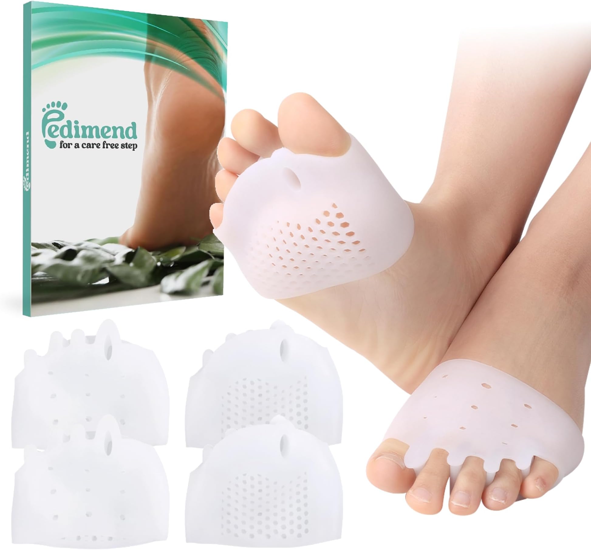 Pedimend 2 Pairs Gel Toe Separators Metatarsal Pads, Gel Toe Straightener for Overlapping Toes, Bunion Corrector, Hallux Valgus Forefoot Pain Relief (5-Hole Toe Separator Metatarsal Pads)