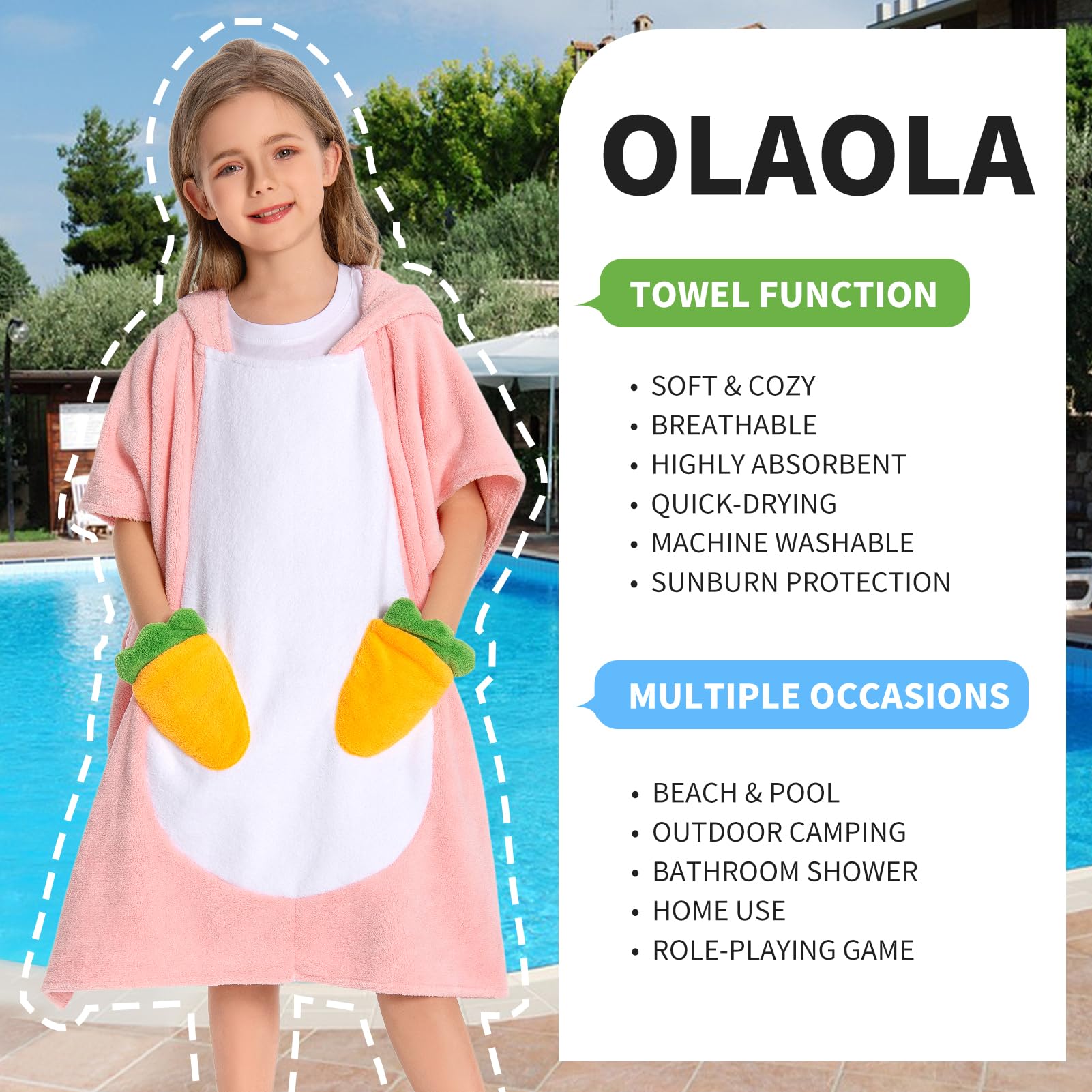 OLAOLA Kids Poncho Towel Hooded Beach Changing Robe Children Absorbent Bath Towels Swimming Wrap for Boys Girls 3-12 Years, Bunny - Image 4