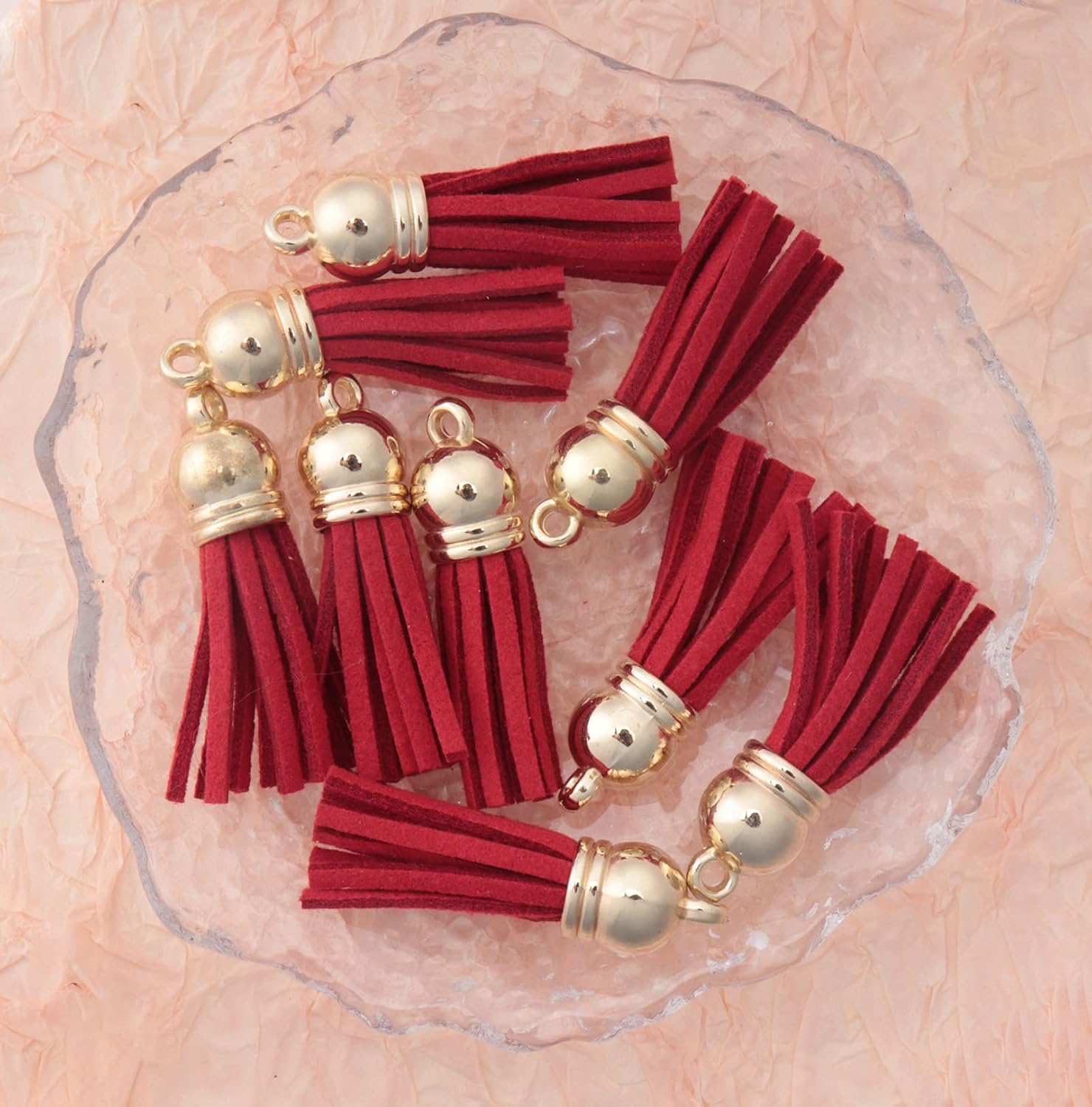 30 Pcs Keychain Leather Tassels with Gold Caps Hole Mini Faux Tassels for DIY Jewelry Making Keychain Earrings Craft Project Supplies Necklace Bracelet (Red)