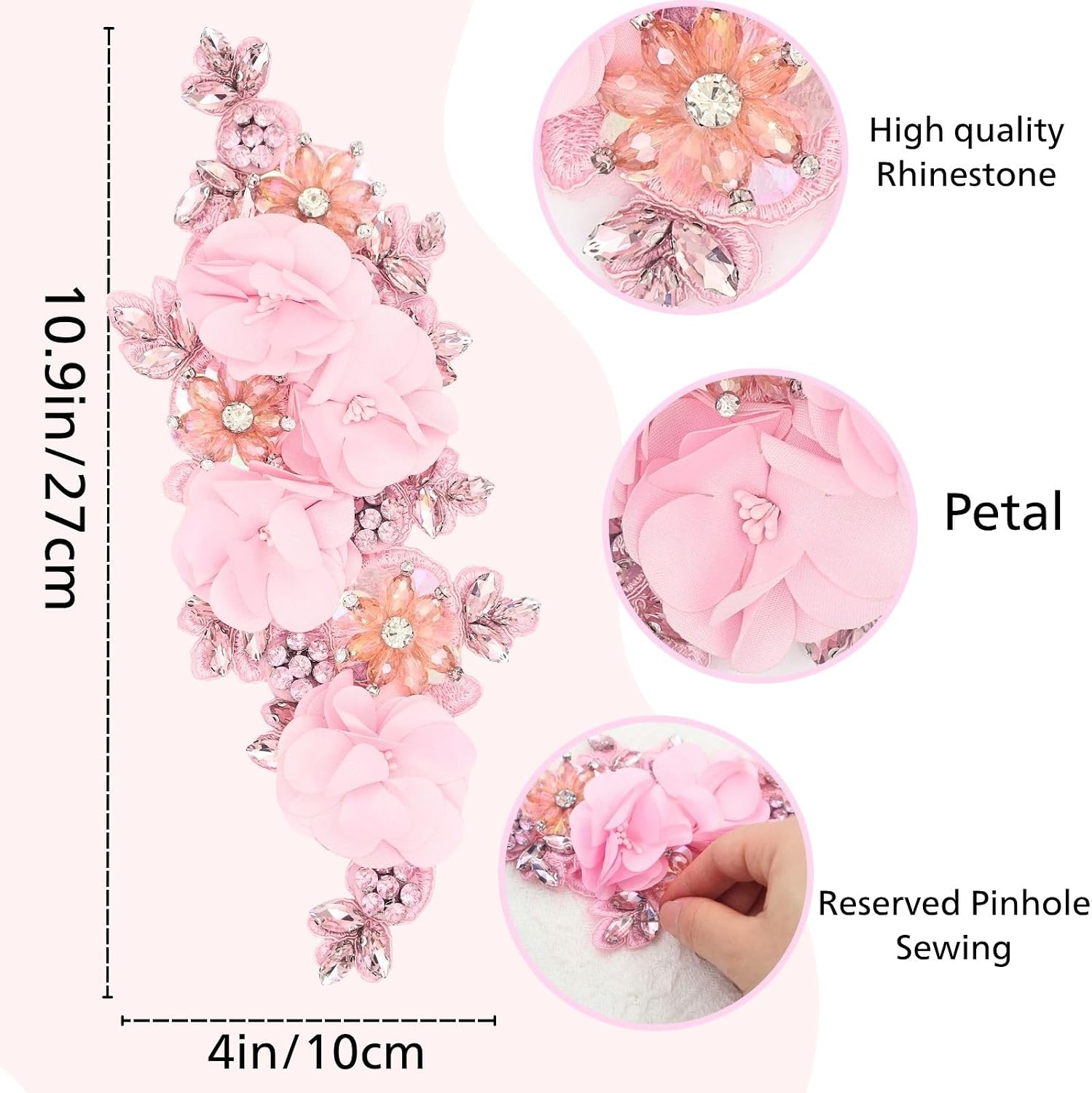 Bijou Joon 1 Pair Pink Rhinestone Applique Lace Appliques Embellishments 3D Floral Rhinestone Patches Embroidery Fabric Crystal Sequin Beaded Trim DIY for Ornament Dress Wedding Prom Bridal