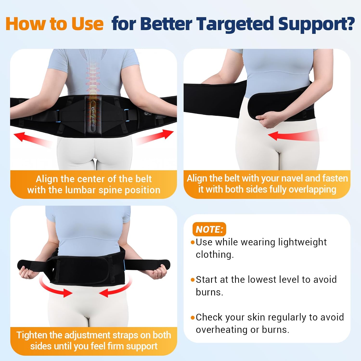 Comfytemp Cordless Heating Pad with Back Brace for Lower Back, FSA Eligible HSA Portable Wireless Wearable Heated Waist Belt, Rechargeable Lumbar Support Birthday Gift, 3 Heat 3 Timer, 52"(No Massage) - Image 6