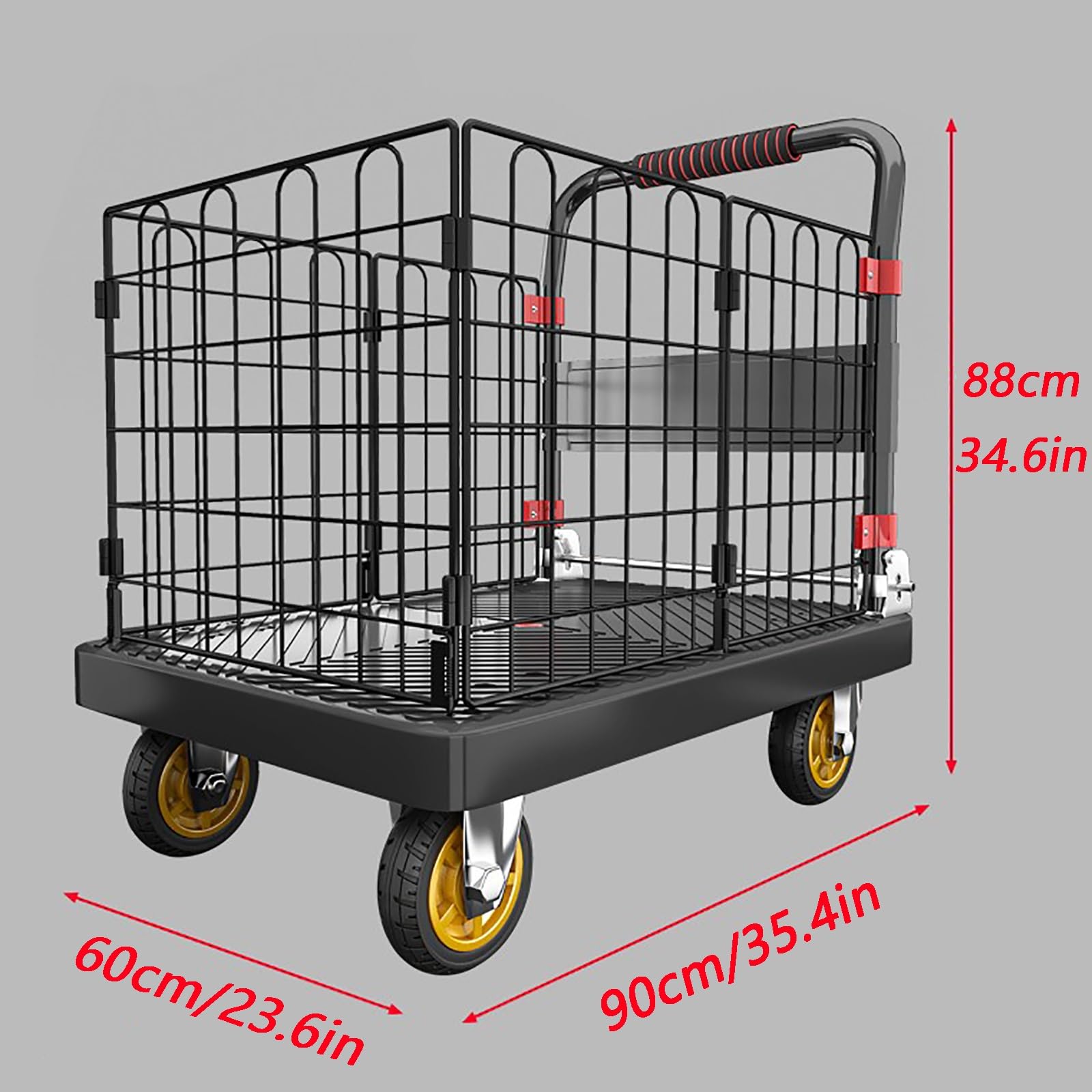 2-in-1-Plattformwagen mit Käfig, Zusammenklappbarer Pritschenwagen, mit Rädern, Leicht zu Verstauen, Geeignet für Den Täglichen Einkauf und Expresslieferungen(Large)