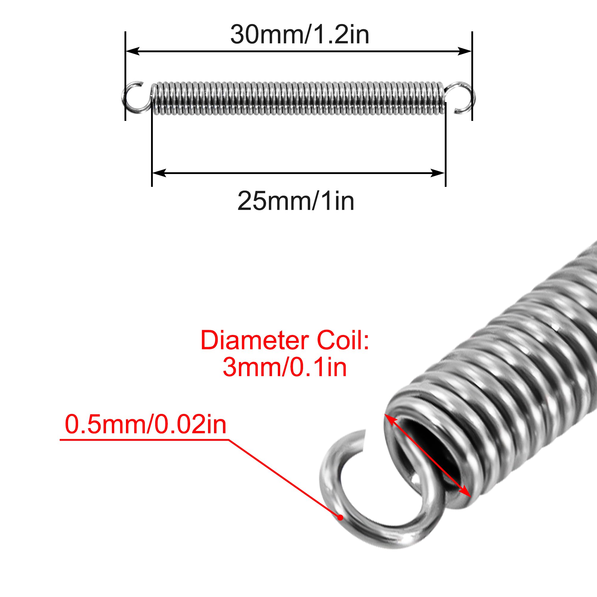 Sprężyna trakcyjna 30 mm Sprężyny napinające z hakami sprężynami ze stali nierdzewnej średnica drutu 0,5 mm średnica zewnętrzna 3 mm, siła 0,90 kg, 20 sztuk