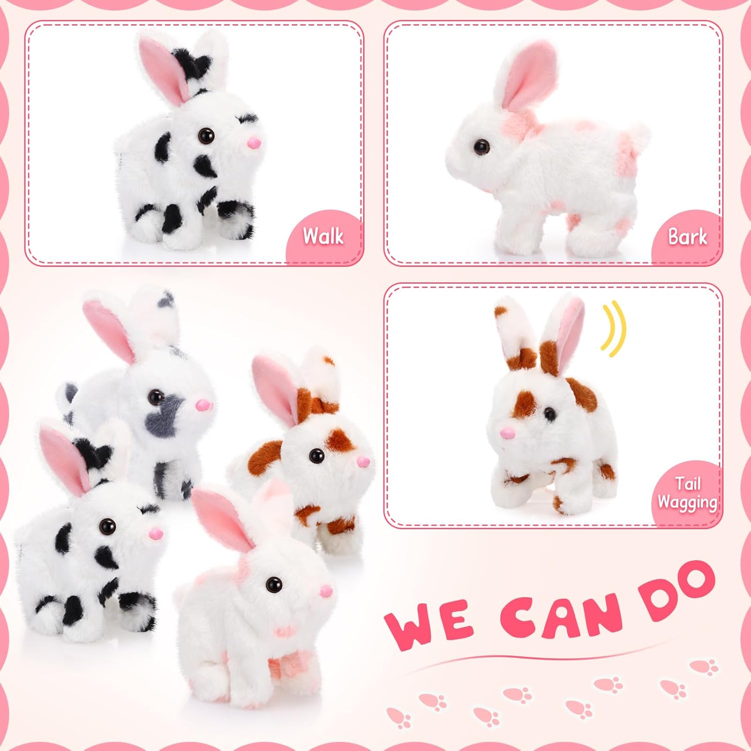 Halloscume 4 Pcs Interactive Bunny Toys for Kids 7 Easter Realistic Hopping Rabbit Plush Stuffed Electronic Walking Barking and Wagging Tail Bunny Toys for Birthday Easter Gift(Spotted Rabbit)