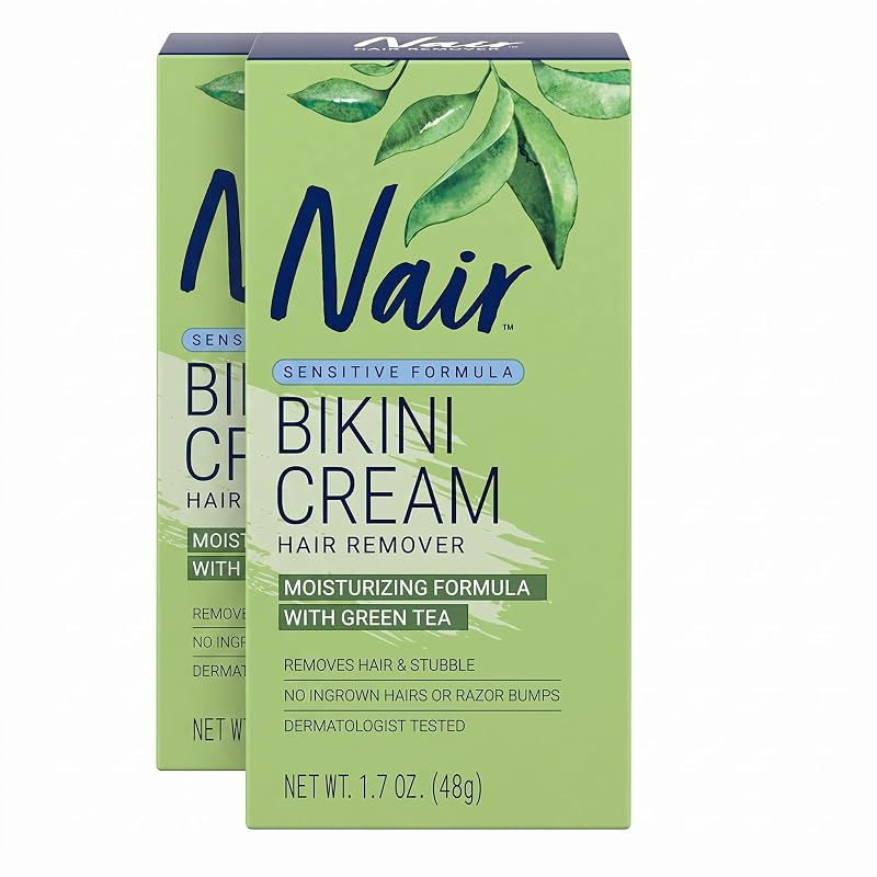 Nair Creme Depilatório para a Linha do Biquíni com Chá Verde, Fórmula para Pele Sensível, 50 mL, Pacote com 2