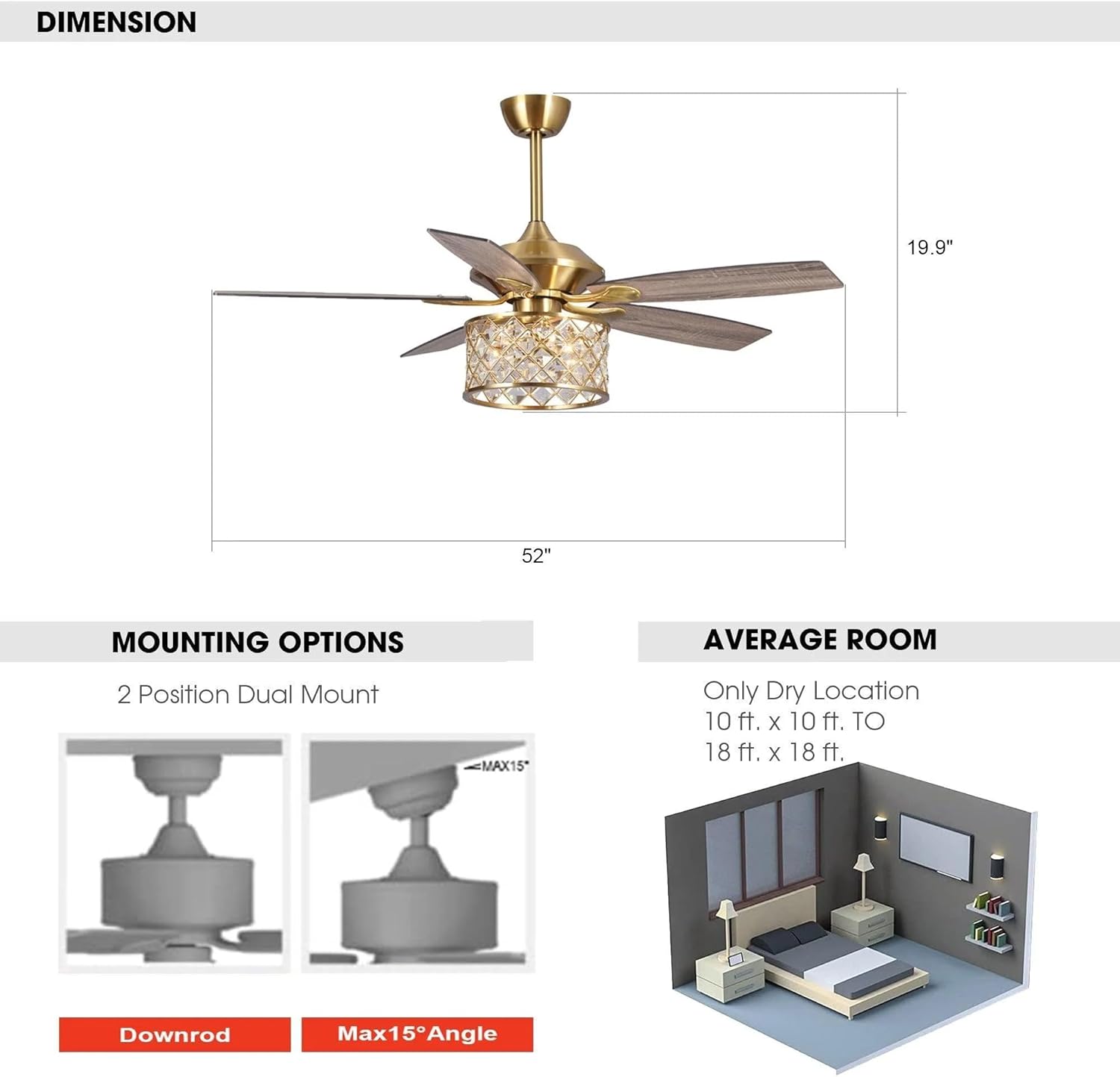 52'' Farmhouse Ceiling Fan with Light: Golden Caged Fandelier Style, Crystal Ceiling Fan with Remote, 6 Speeds, Reversible Motor, Noiseless for Patios Living Room Bedroom，Luxury Design