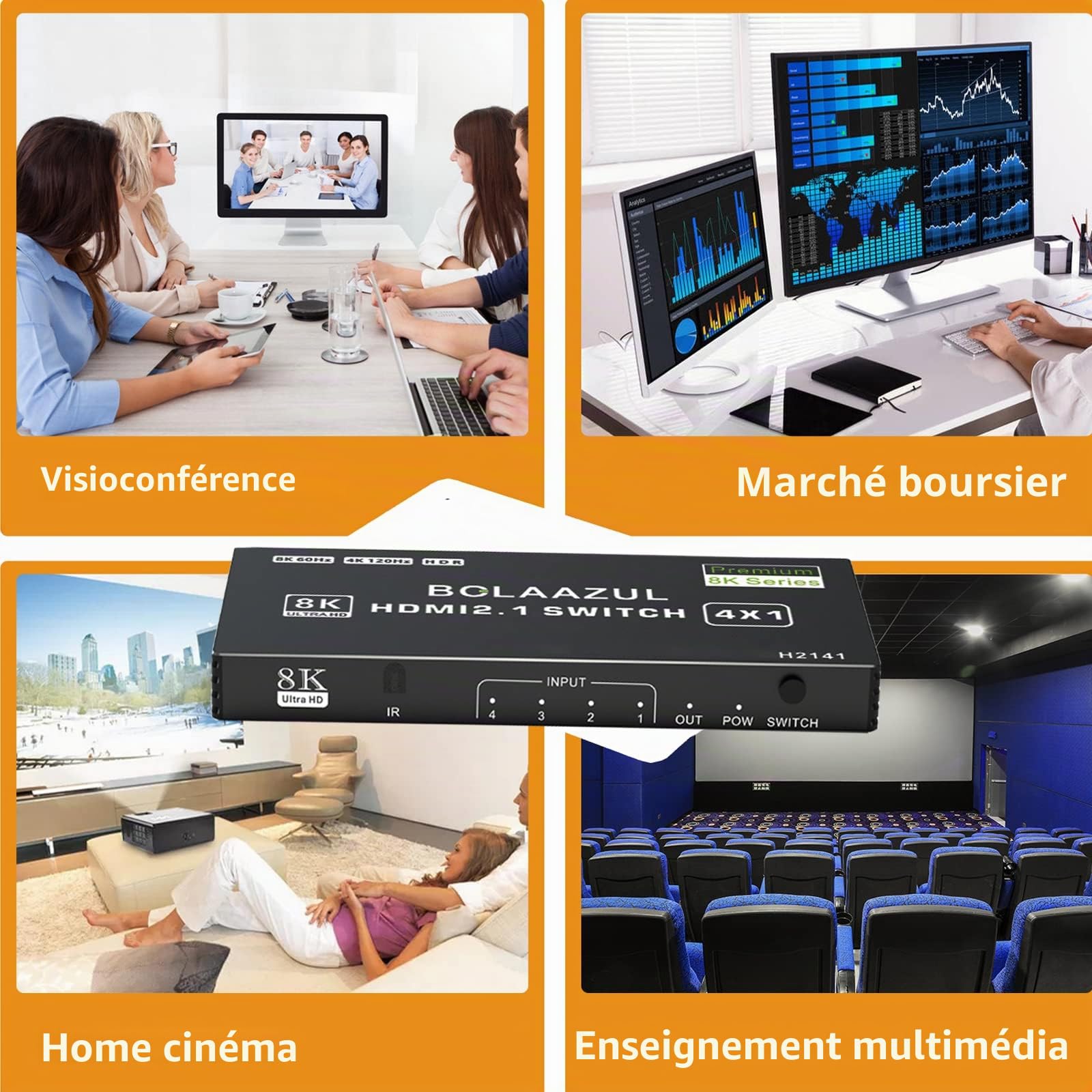 BolAAzuL Switch HDMI 4K 120Hz 4 Entrées 1 Sortie Commutateur HDMI 2.1 Multiprise HDM I 4 in 1 Out Splitter Switcher Hub avec Télécommande Supporte 8K@60Hz 2K@144Hz HDR 48Gbps pour TV Xbox Series X PS5