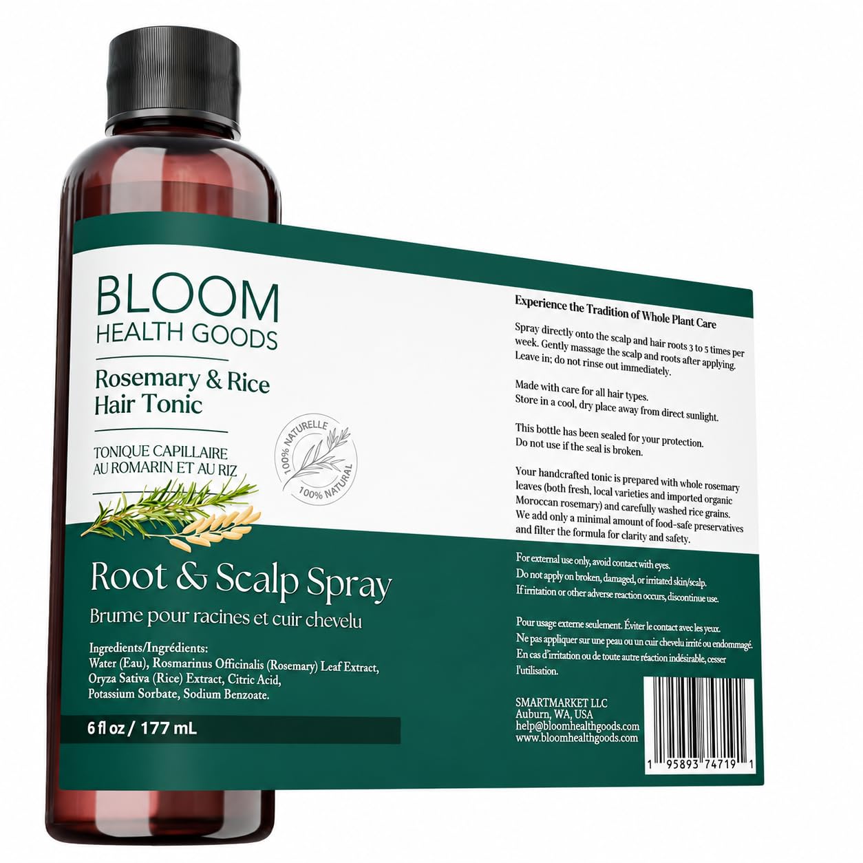 Bloom Health Goods Spray de agua de romero y arroz de cosecha propia para la salud del cabello