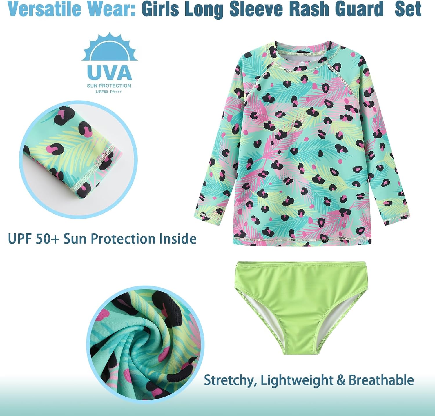 Girls 3 Piece Rash Guard Swimsuits Set Tankini Bathing Suits for Girls Long Sleeve Beach Swimwear 3-16 Years