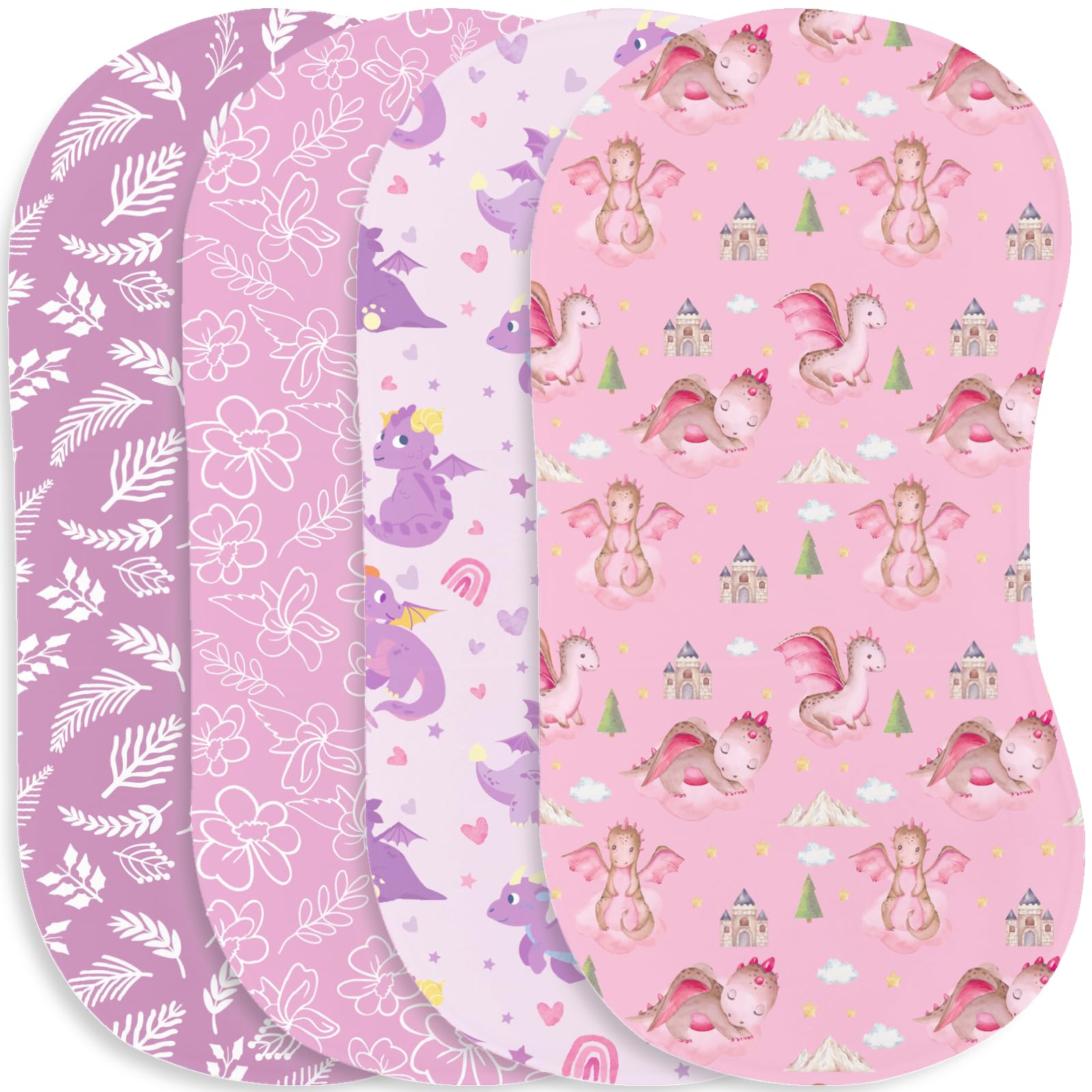 4 Pack Baby Burp Cloths, Smooth Fabric Cartoon Dragon Leaf Flower Print Burp Cloths Proper Sized Super Absorbent Washcloths Infants Burping Cloths Sets for Newborns Baby Boy Girl Essentials