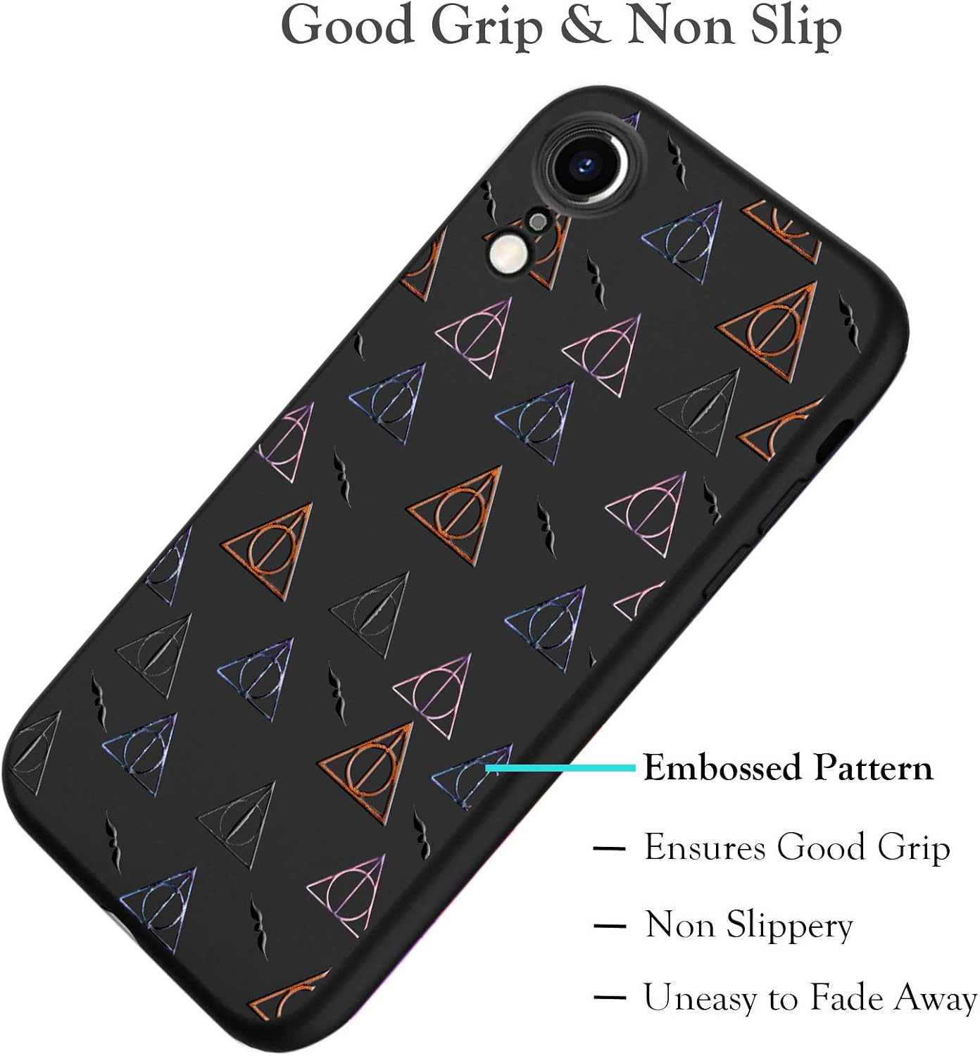 Unov Case Compatible with iPhone XR Casew with Hallows Design Slim Protective Soft Liquid Silicone Bumper Support Wireless Charging 6.1 Inch (Black with Deathly Hallows)