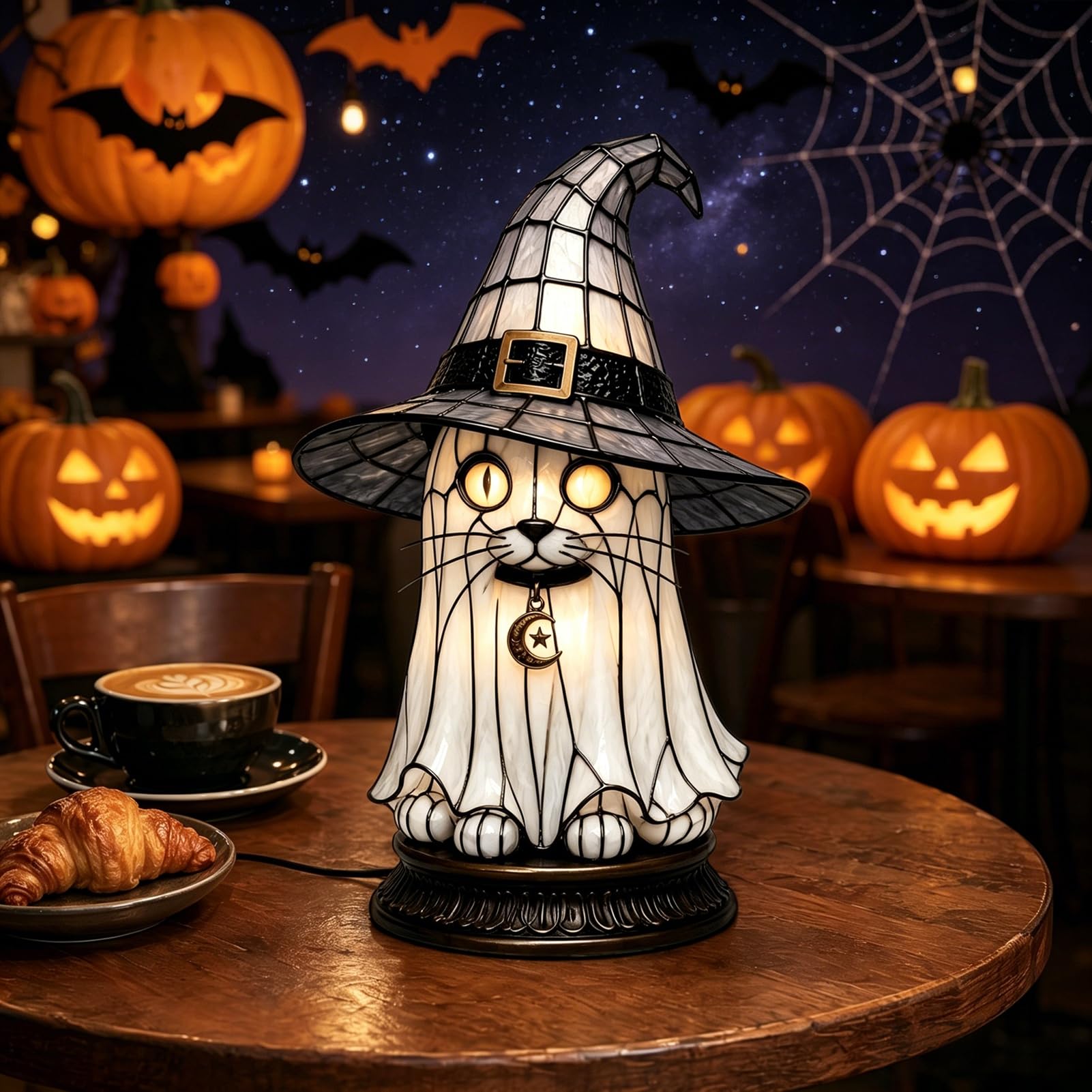 Lampa z witrażowego kapelusza czarownicy, lampka nocna na Halloween z czarnym kotem, duchem i krukiem, gotycka lampa stołowa retro z żywicy syntetycznej do sypialni, regał na książki i