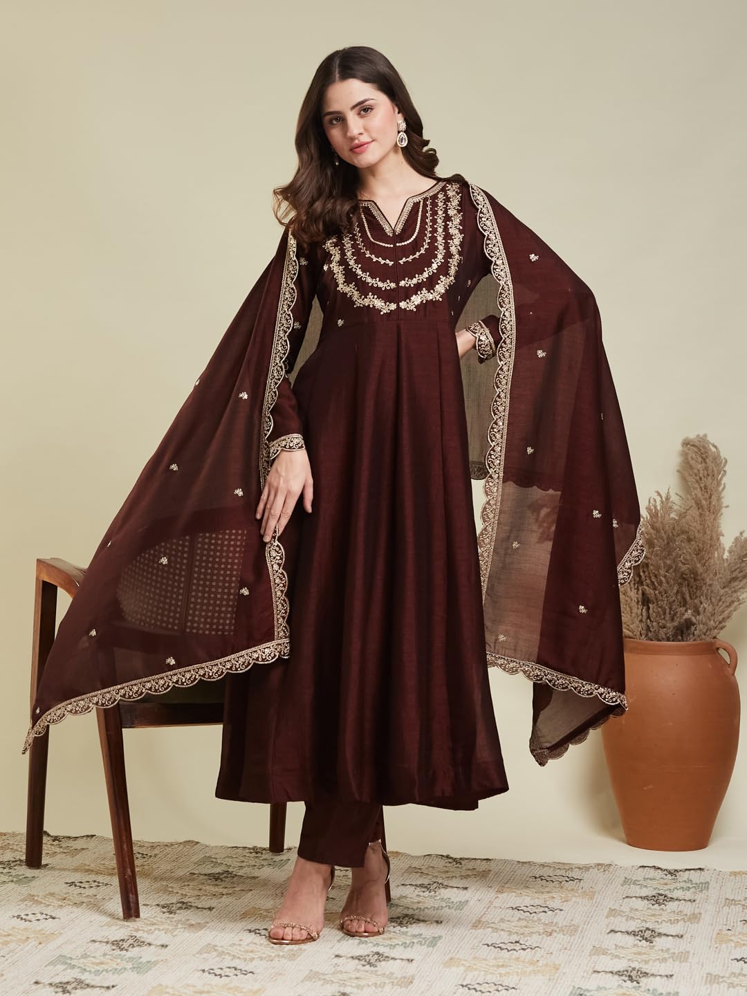 MOKOSH Women's Silk Embroidered Anarkali Kurta Pant Dupatta Set (444-05-L) Coffee - Image 5 thumbnail