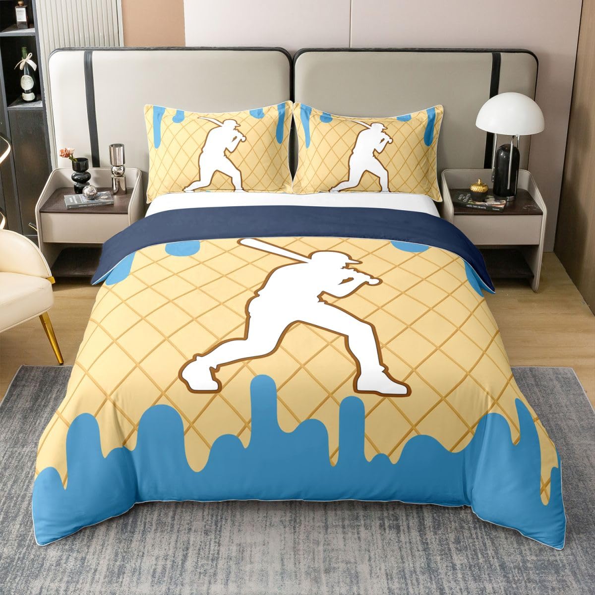 Housse de couette 140x200 enfant coton bleu blanc avec couvre lit sport baseball