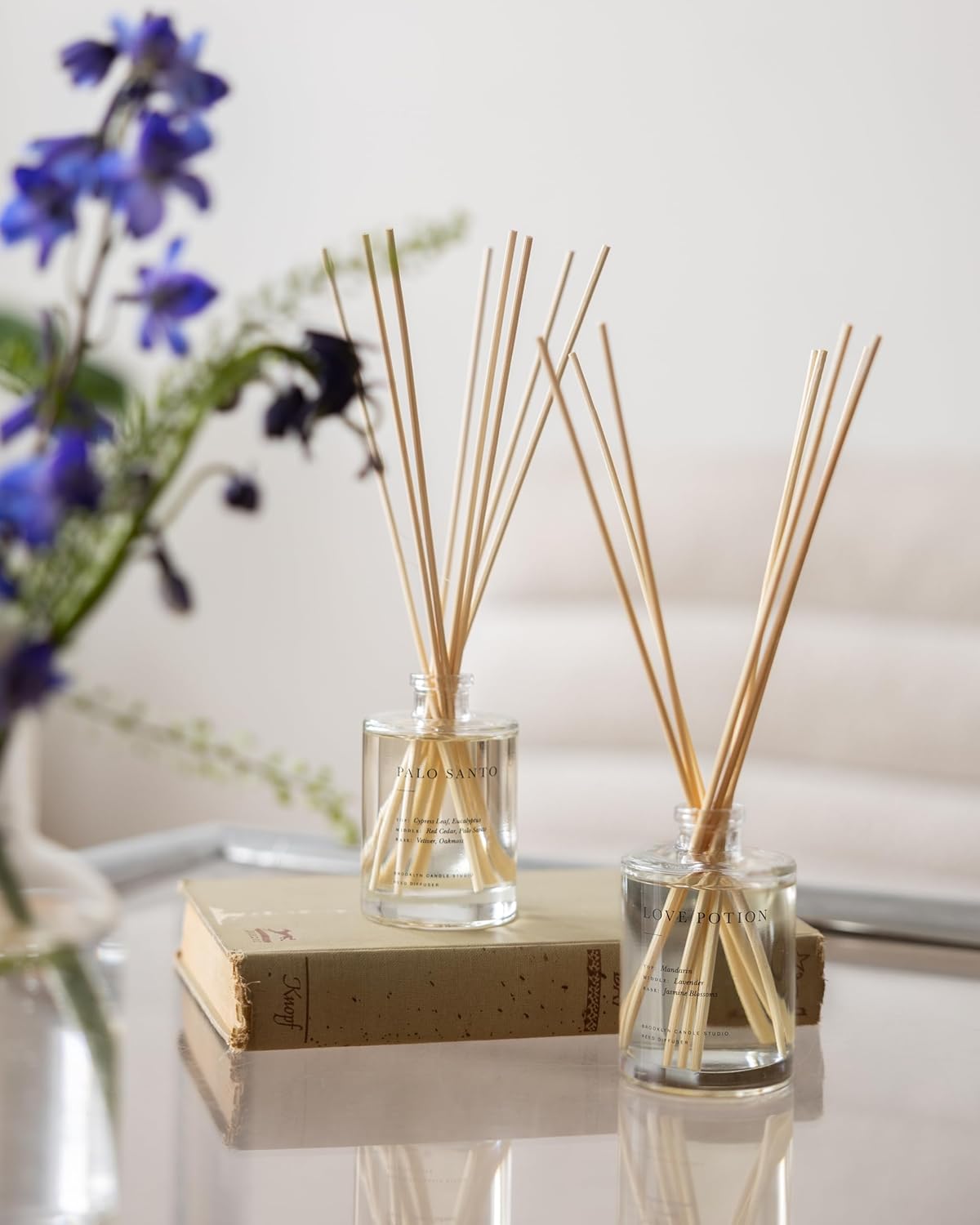 Brooklyn Candle Studio Reed Scent Diffuser - Love Potion - Relaxing Oil Diffuser, Jasmine, Lavender & Mandarin Fragrance, 8 Rattan Diffuser Reeds, Clean Ingredients - 3.7oz