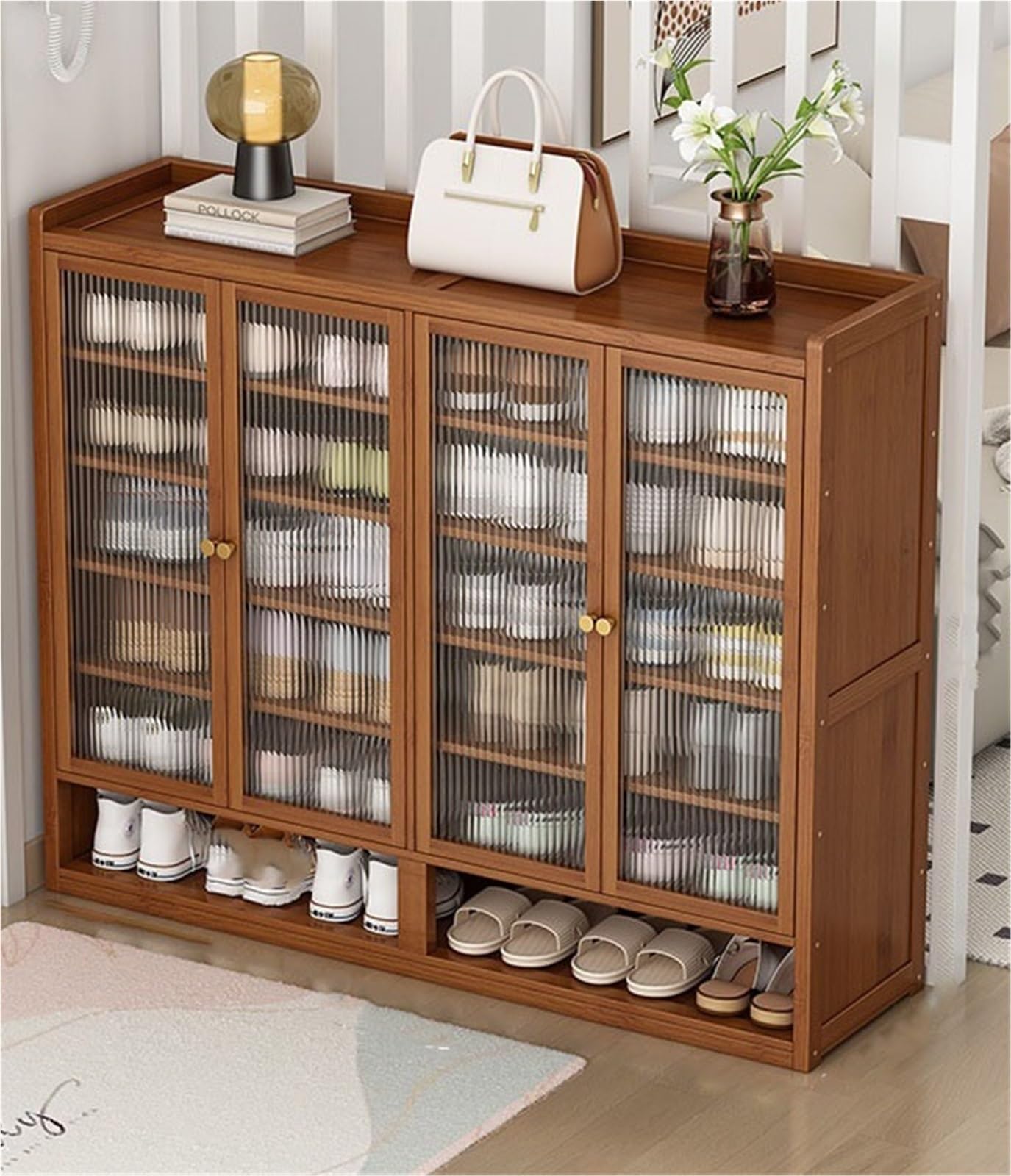 IvyLoutish 7 Tiers Bamboo Shoe Storage Cabinet with Transparent Doors Freestanding Shoe Rack with Shelves Entryway Shoe Cabinet for Hallway Living Room Bedroom,Freestanding Organizer