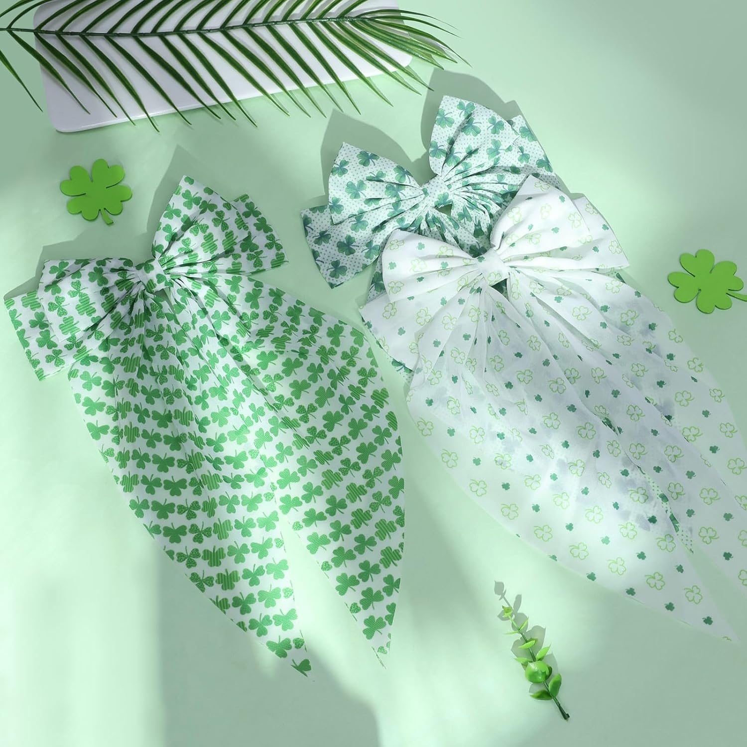 TOKUFAGU St Patricks Day Hair Bows for Women, 3PCS Large Shamrock Oversized Hair Bows Clips with Long Tail, Green Clover Vintage French Hair Accessories for Women Girls - Image 6