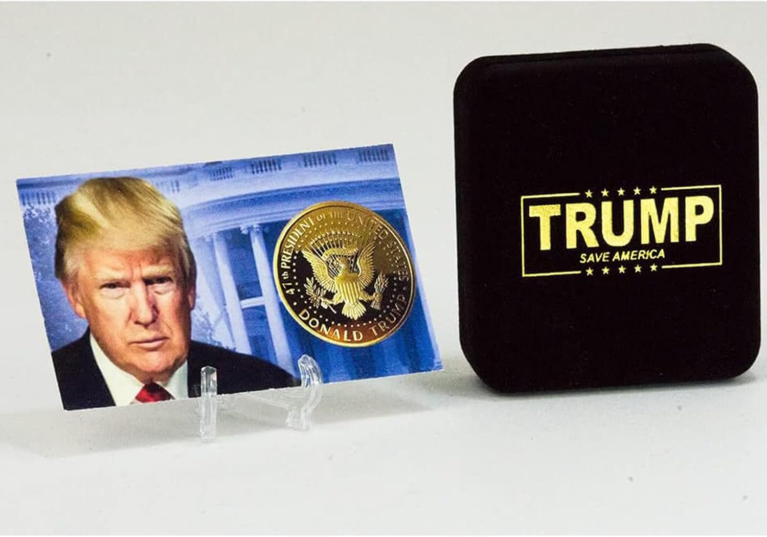 Trump 2024 Save America – 47th Presidential Gold Challenge Coin in Velvet Display Case with Certificate of Authentication & Display Stand (2024 Velvet)