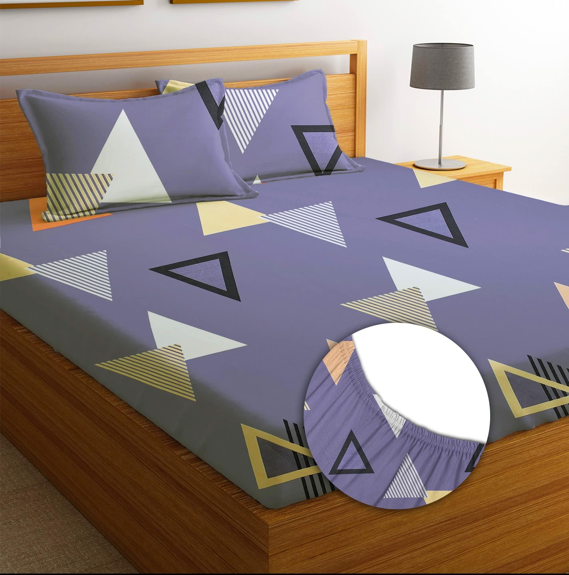 BSB HOME Premium Cotton All Round Elastic Fitted Bedsheets with 2 Pillow Covers | Double Bed with Longlasting 180 TC Supersoft Wrinklefree | for 78x72+10 Mattress (Trangle, Grey & White)