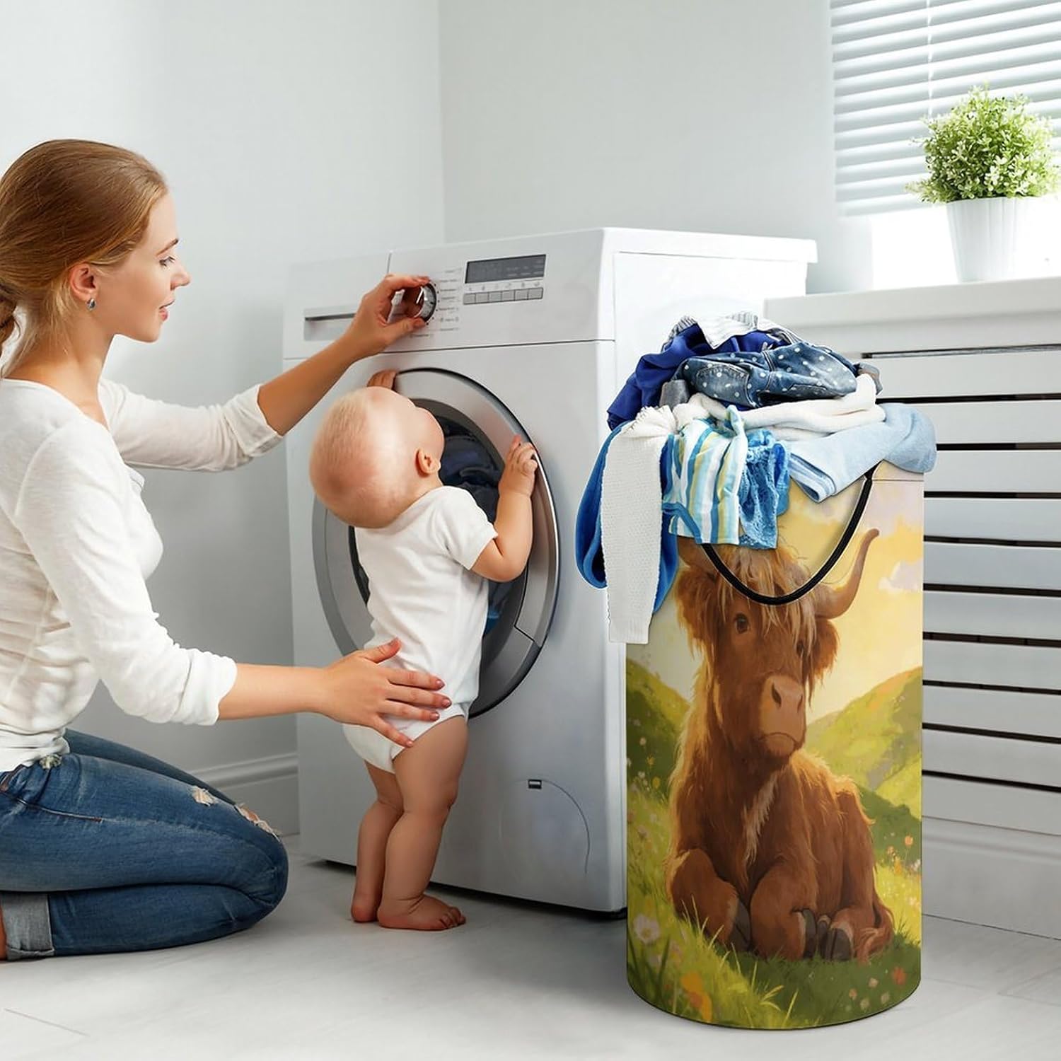 Highland Cow Chillin Laundry Hamper 86L Waterproof Collapsible Clothes Basket with Double Handles Freestanding Foldable Laundry Basket Large Clothes Hamper for Bathroom