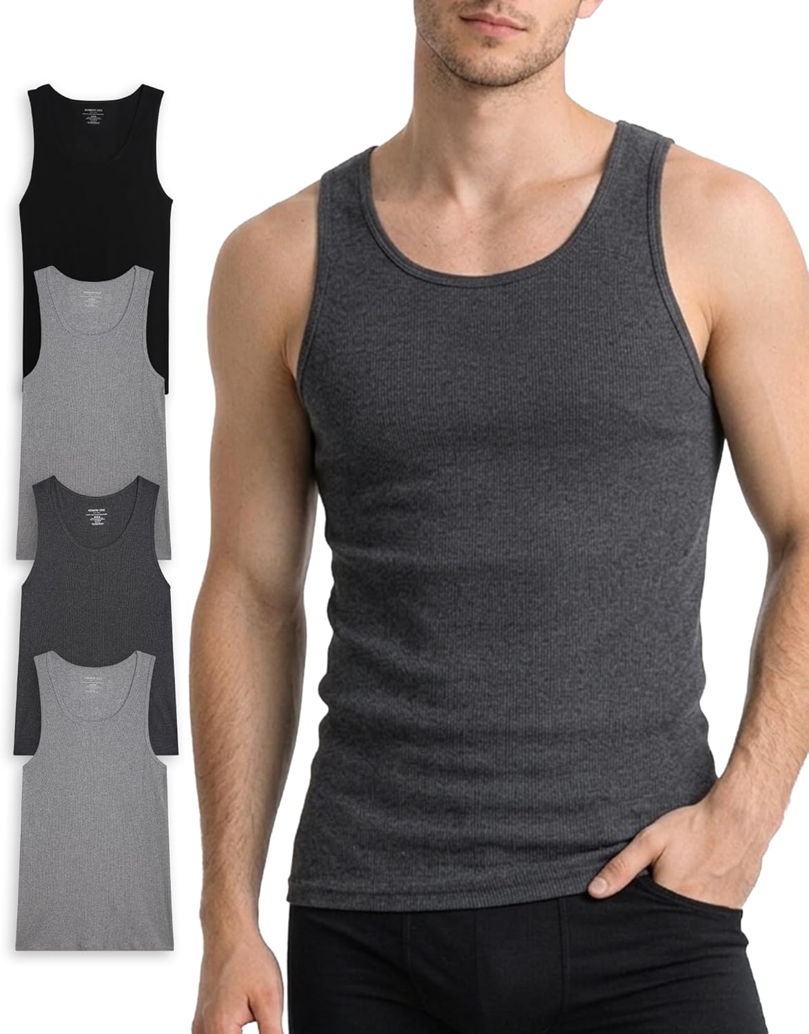 Kenneth Cole Mens Tank Top - 4 Pack Soft Cotton Tagless Ribbed Tank Top for Men - Sleeveless Undershirts for Men