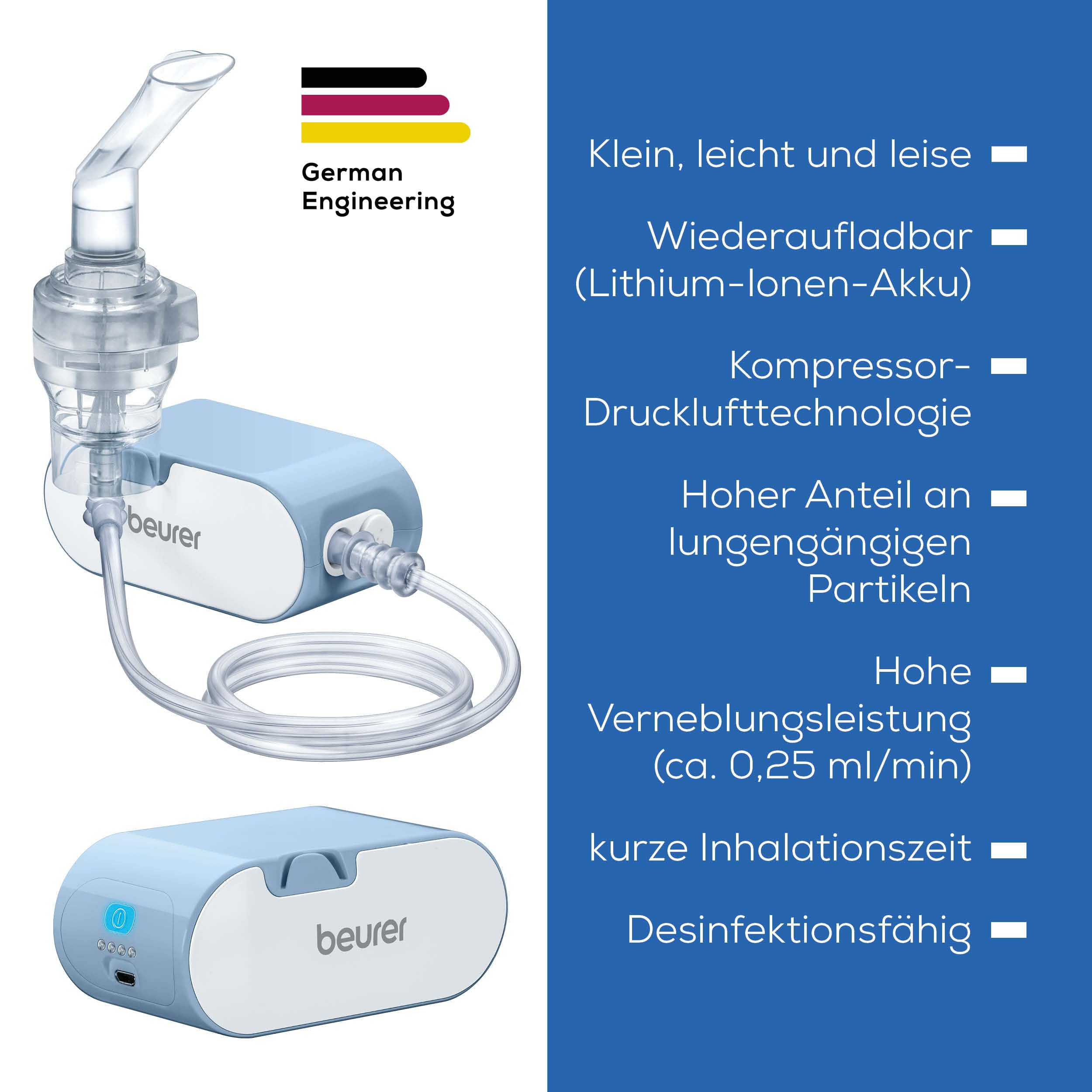 Beurer IH 60 Inhalator, leises und tragbares Inhaliergerät mit wiederaufladbarem Akku, Inhalationsgerät zur Anwendung bei Erkältung, Asthma und anderen Atemwegserkrankungen, Blau