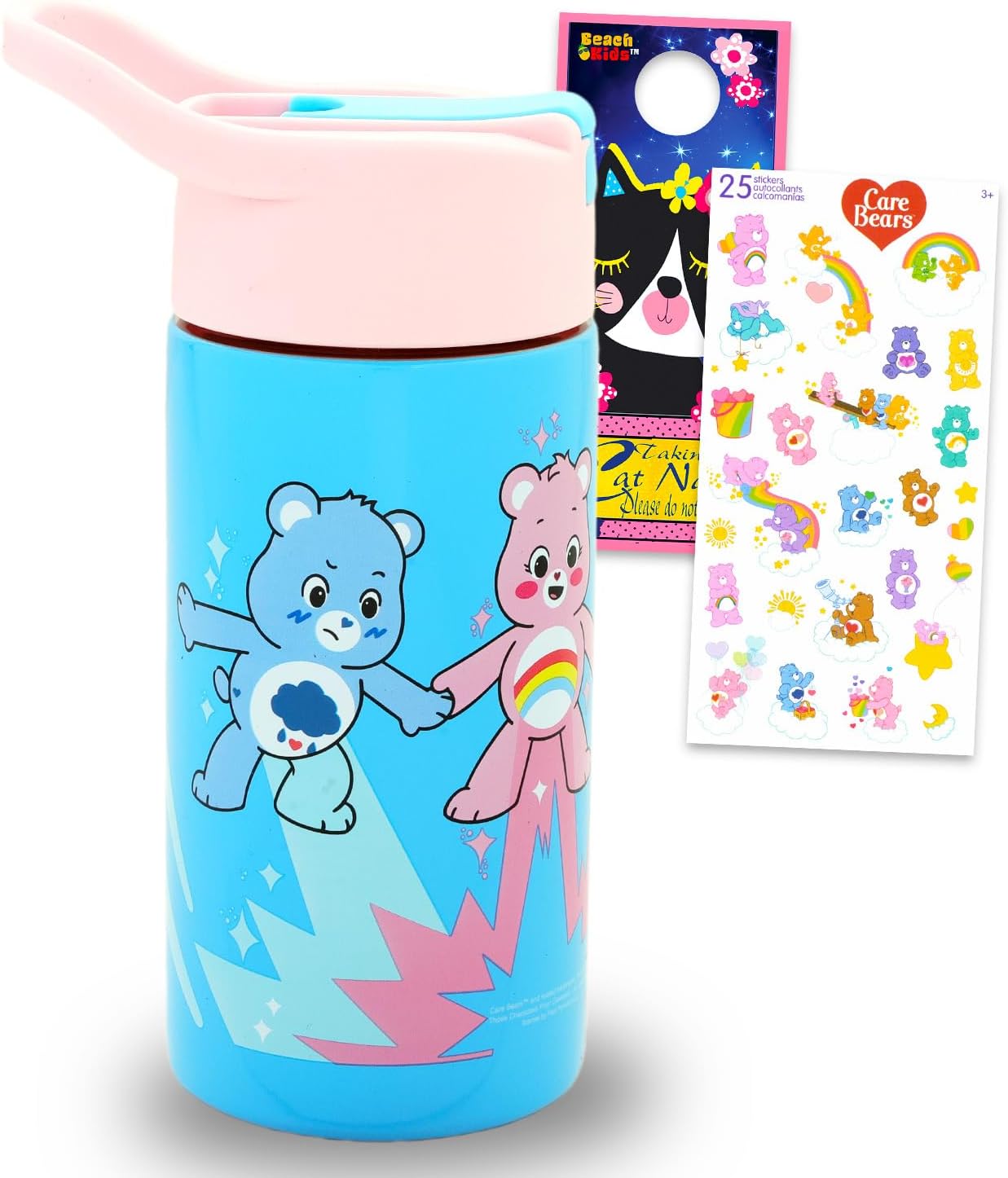 Care Bears Stainless Steel Water Bottle for Girls – Bundle with 14 Oz Drinking Cup For Home, School, and Sports, Plus Stickers, More Water Bottle with Straw