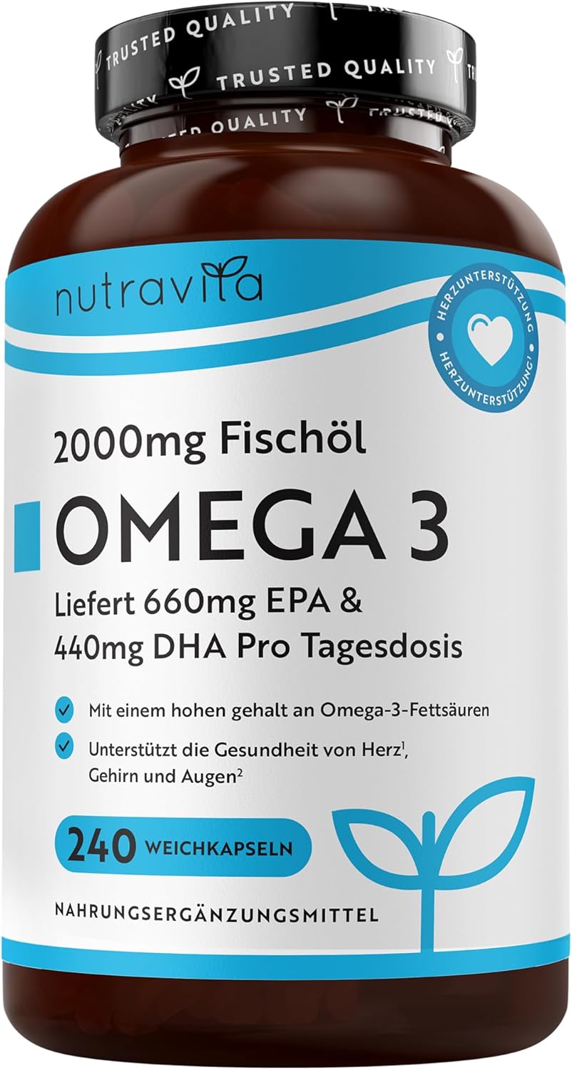 Nutravita Omega 3 Kapseln Hochdosiert 2000mg Fischöl Kapseln mit 660mg EPA un 440mg DHA Unterstützt die Gesundheit von Herz, Gehirn und Augen (EFSA) 240 Weichkapseln für 4 Monate