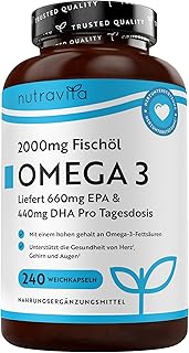 Nutravita Omega 3 Kapseln Hochdosiert 2000mg Fischöl Kapseln mit 660mg EPA un 440mg DHA Unterstützt die Gesundheit von Herz, Gehirn und Augen (EFSA) 240 Weichkapseln für 4 Monate