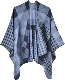 Women's Plaid Sweater Poncho Cape Coat Open Front Blanket Shawls and Wraps