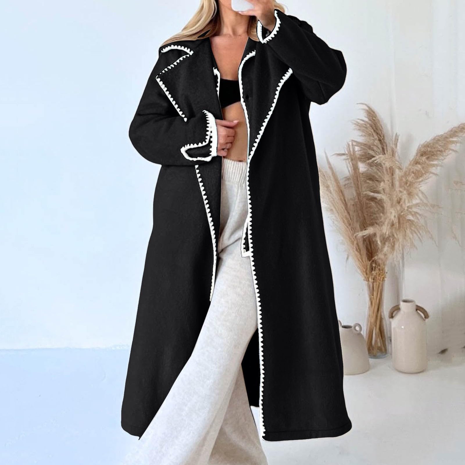 Damen Trenchcoat Lässiger Bequemer Warmer Tweed Mantel Langes Revers Mantel Casual Büro Overcoat Winter Outerwear Herbst Winter Strickjacke Elegante Lang Langarm Cardigan mit Taschen