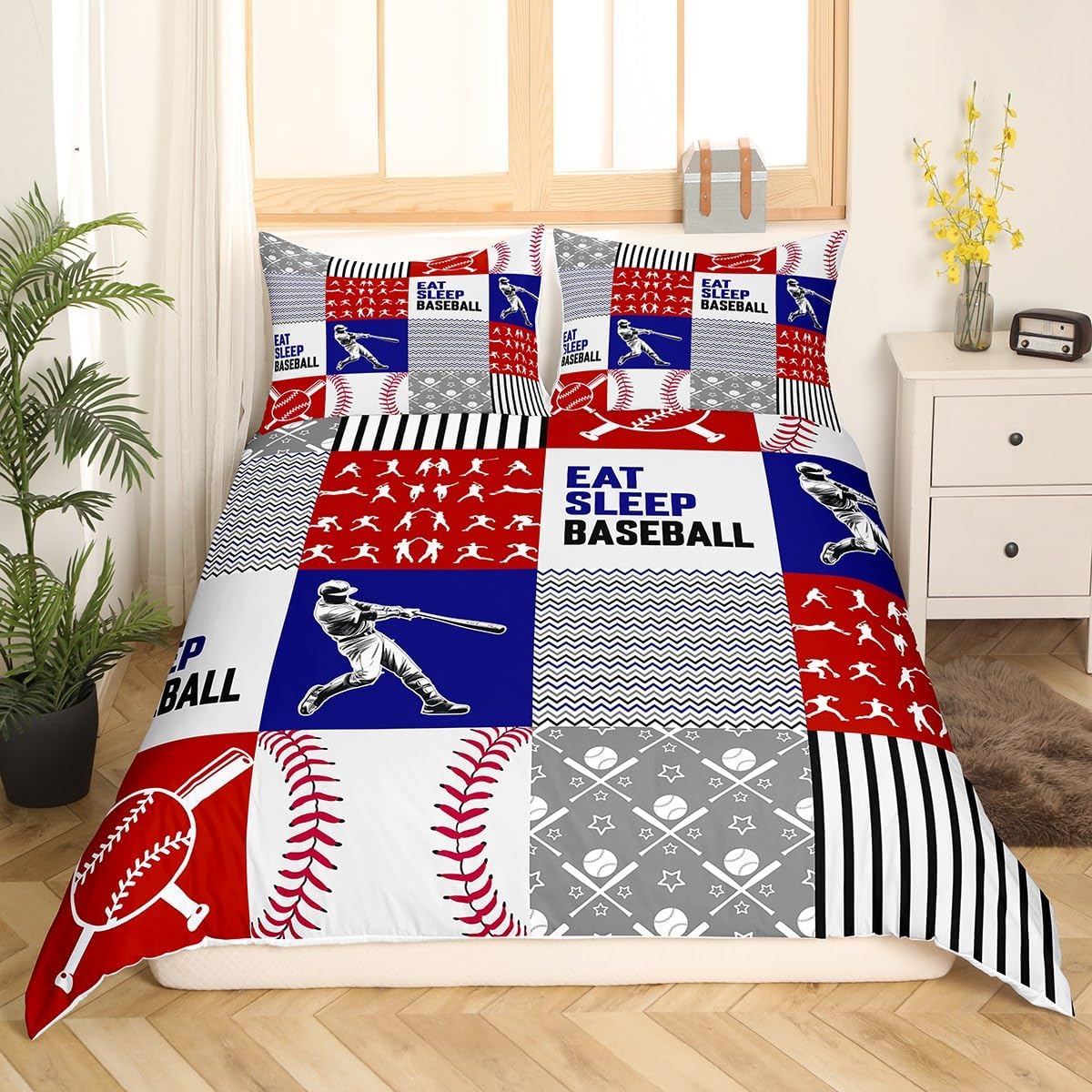 Erosebridal Baseball Duvet Cover Queen for Kids Teens, Boys Bedding Set, Bat Balls Comforter Cover Lightweight Soft, Sports Ball Game Bed Sets With 2 Pillowcases Zipper & Ties