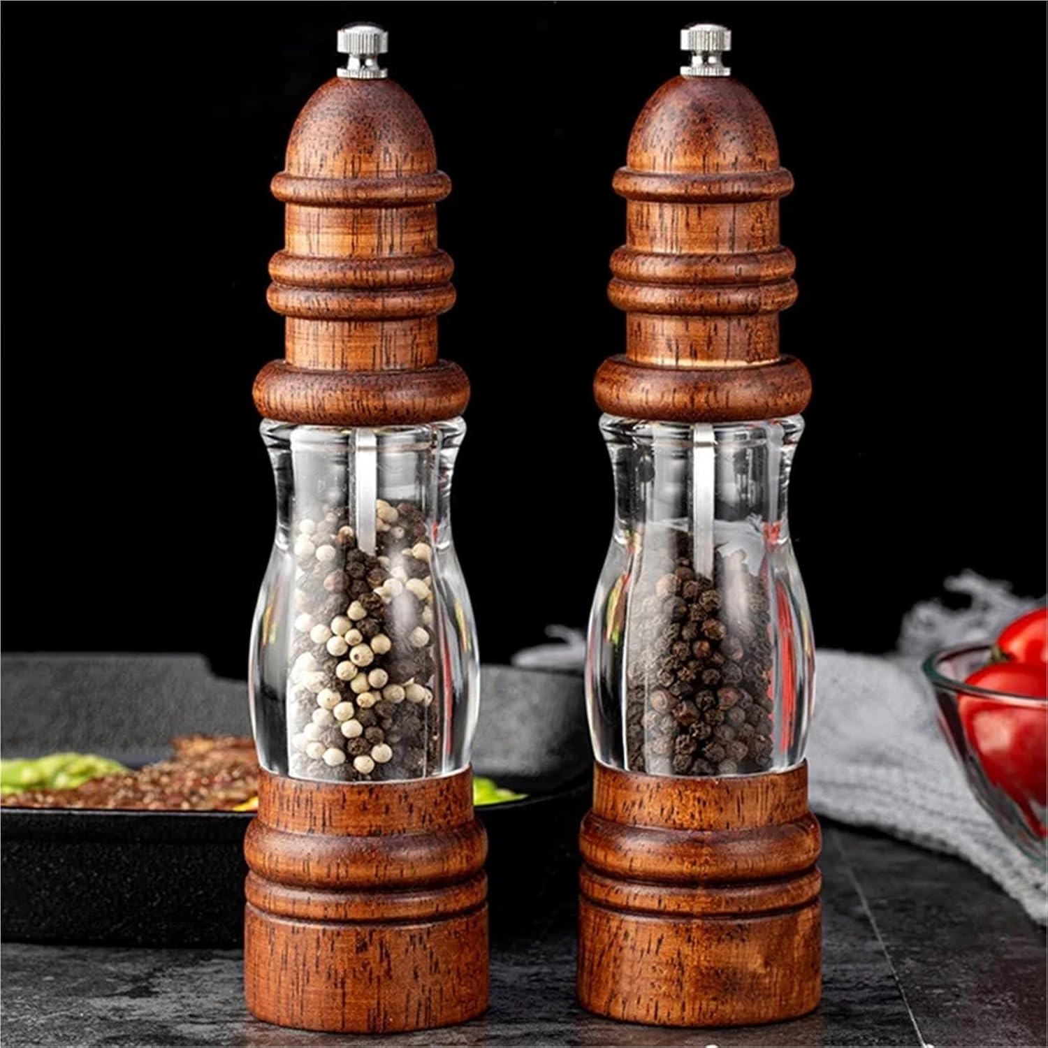 Solid Wood and Acrylic Manual Salt and Pepper Grinder, Adjustable Spice Mill with Shaker