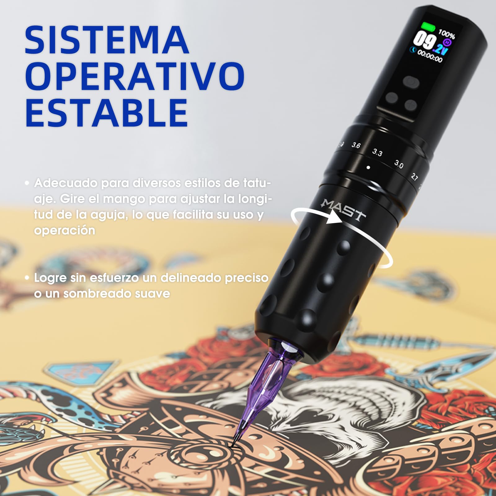 Mast Fold2 Pro Pen Máquina de Tatuaje Rotary Inalámbrica Tattoo Gun 7 Stroke Length de Batería 2000mAh Powerful Motor by Mcore Smart Display Screen para Artistas Profesionales (WQP-076-10YMX)