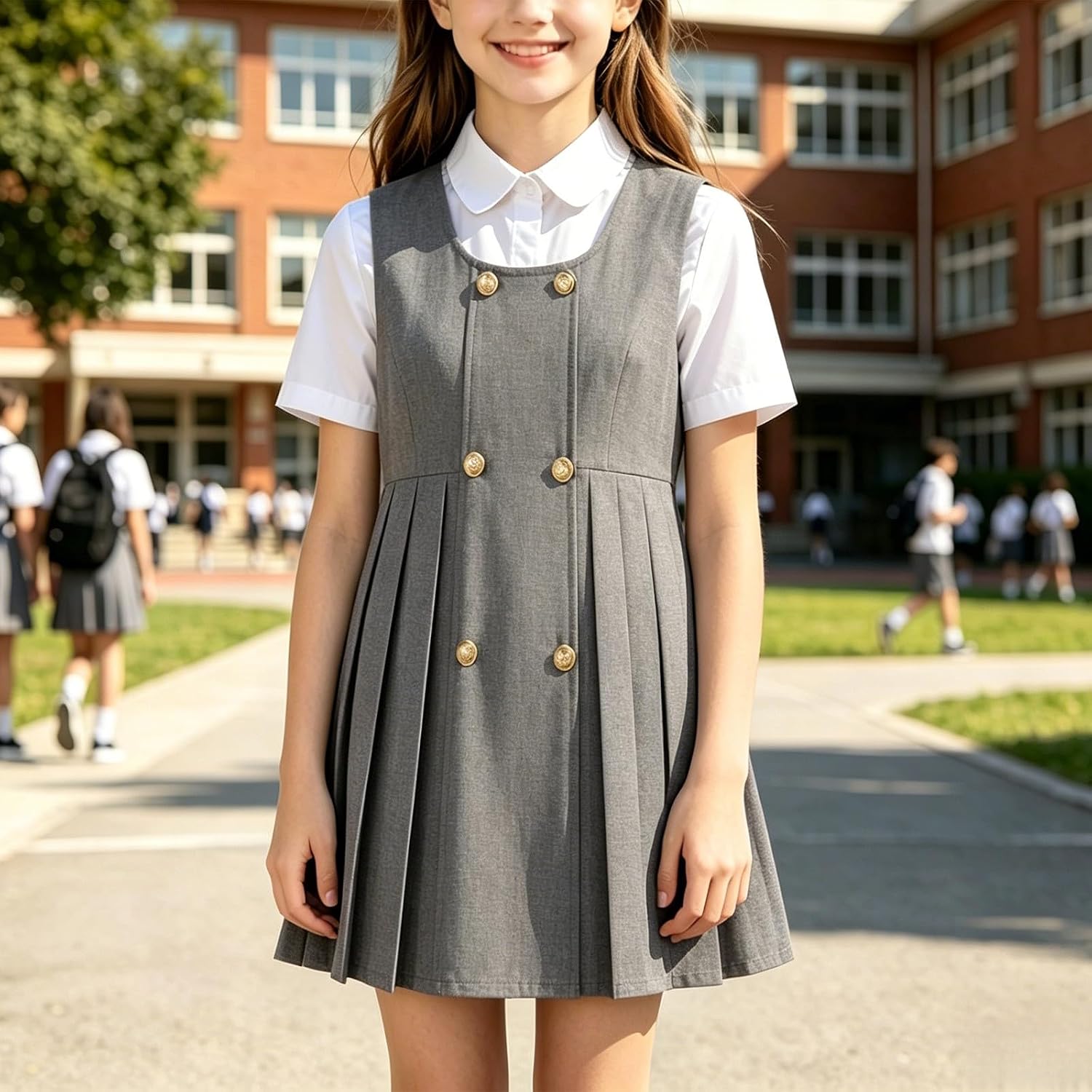 Girls Pleated School Uniform Dress Button Down Crew Neck Sleeveless Solid Soft Dresses Summer Flowy Sport Smocked