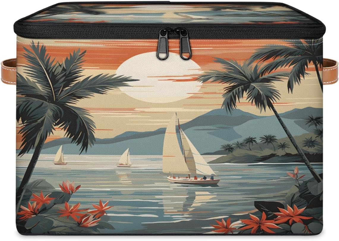 Storage Bin Set of 2 Summer Sea Sailboats Storage Basket with Zipper Lid & Handle Foldable Closet Shelf 2 Pack Cloth Organizer Basket Cube Bins Clothes Organizer for Bedroom, Nursery