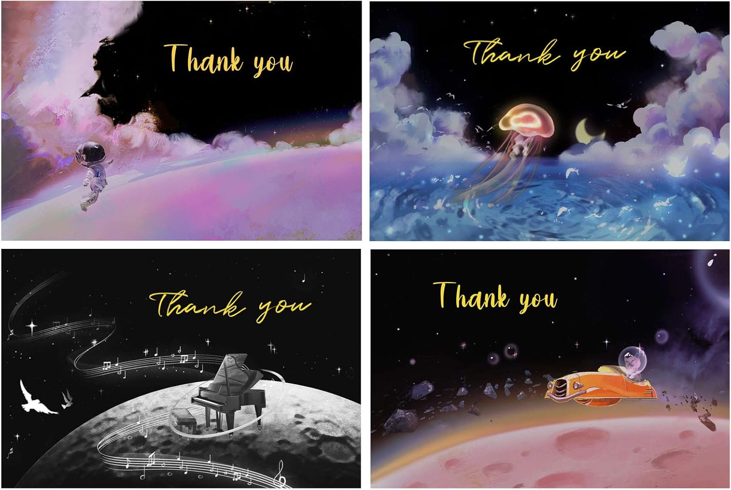 Gold Foil Dreamy Galaxy Astronaut Planet Piano Note Universe Thank You Card | 40 - Pack | For Birthdays, Graduation, Wedding