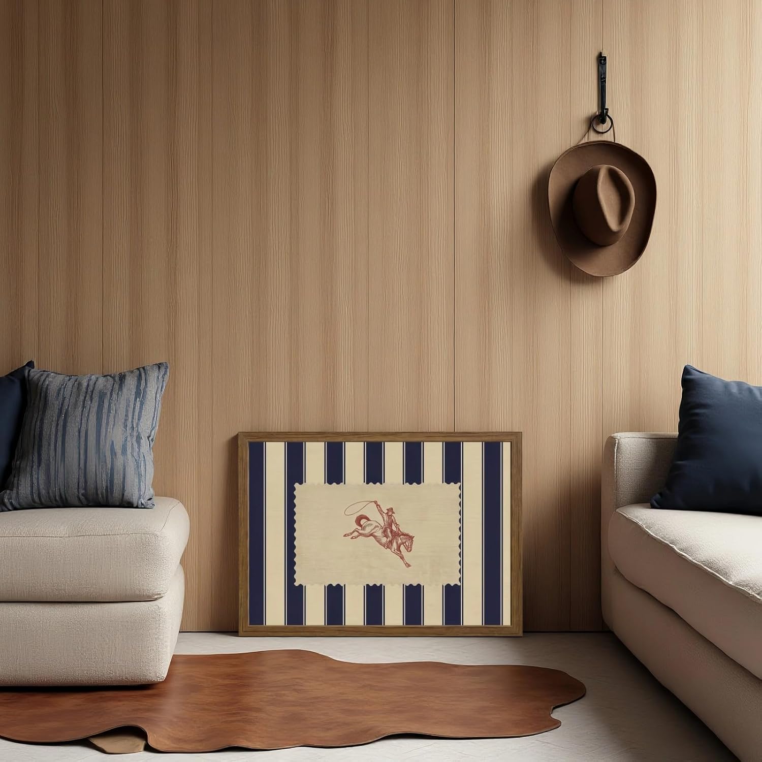 Western Cowboy Wall Art Striped Rodeo Print Poster Mid Century Horse Pictures Canvas Wall Decor Rustic Country Posters Horse Artwork for Living Room Bedroom 12x16 Inch Framed