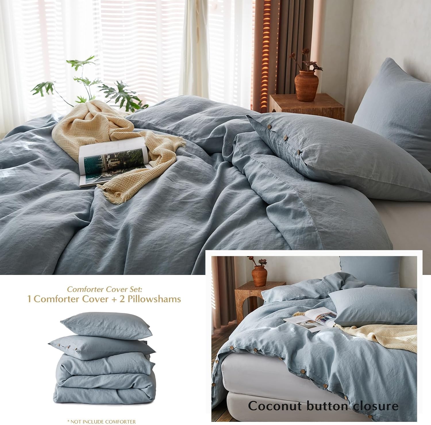 Simple&Opulence 100% Linen Duvet Cover Set, 3 Pieces Belgian Flax Breathable Bedding, 1 Comforter Cover+2 Pillowshams with Coconut Button Closure(King,Dusty Blue)