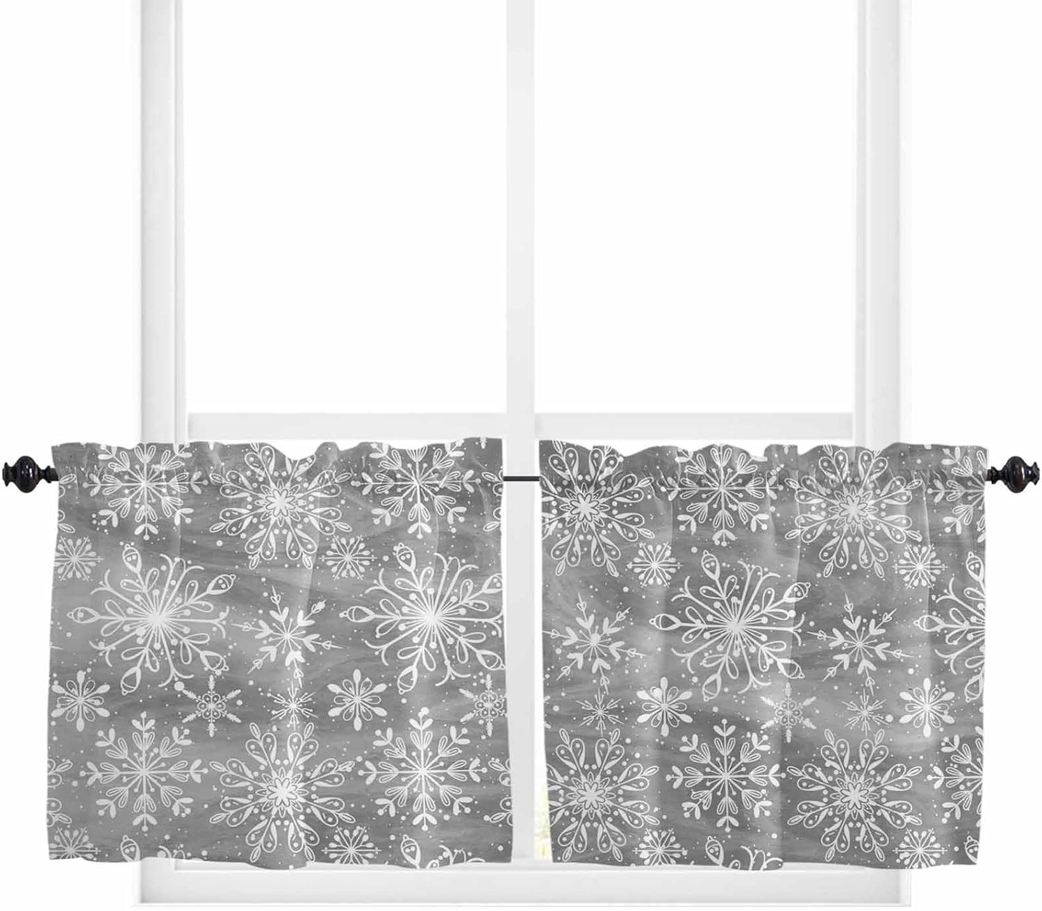 Grey Christmas Kitchen Curtains, Retro Farmhouse Winter White Snowflakes Light Filtering Window Curtain Panels, 2Pcs Rod Pocket Window Treatments Set for Study Room Bathroom Bedroom 52x54 Inches