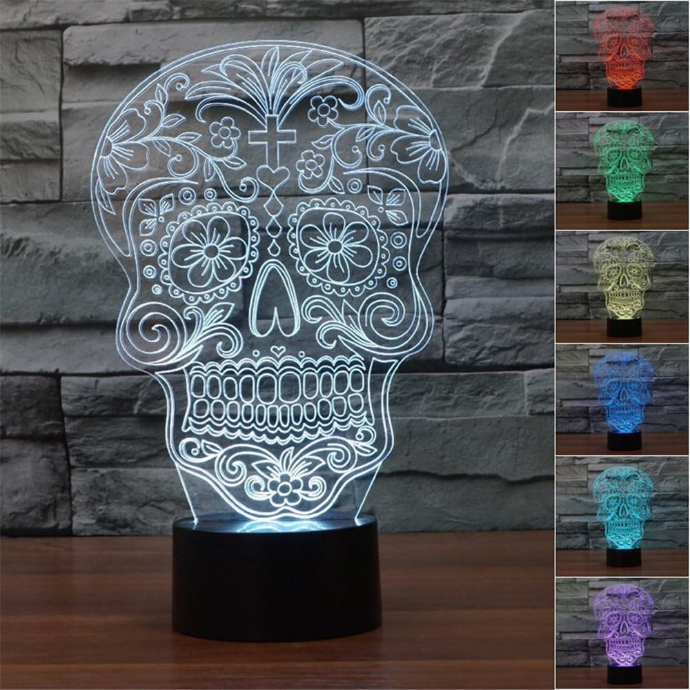 Skull Funny Gift 3D Night Light Touch Table Desk Lamps, HAIYU 7 Color Changing Lights with Acrylic Flat & ABS Base & USB Charger