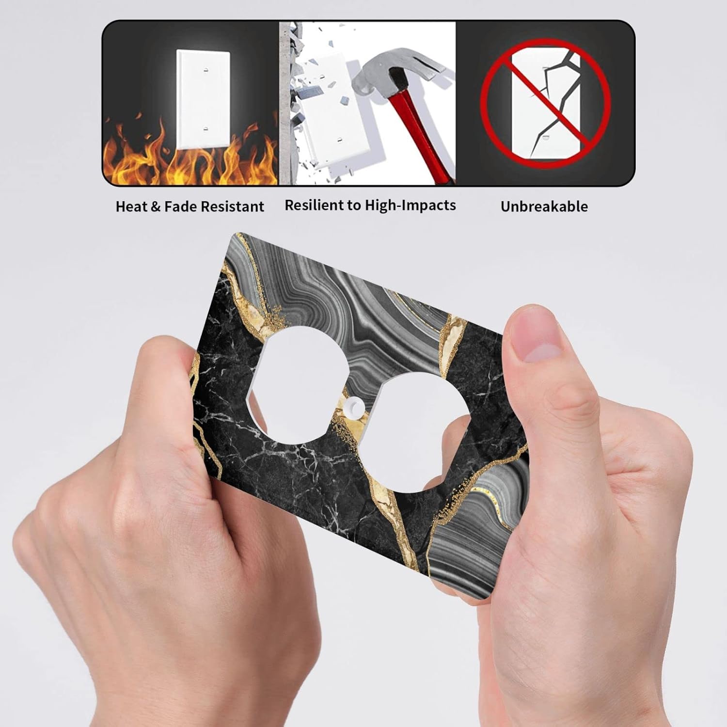 Black Gold Marble Single Duplex Light Switch Plate Cover Decor Outlet Wall Plate Cover For Home Bedroom Kitchen Decorative 4.5 * 2.76 Inches Standard Size