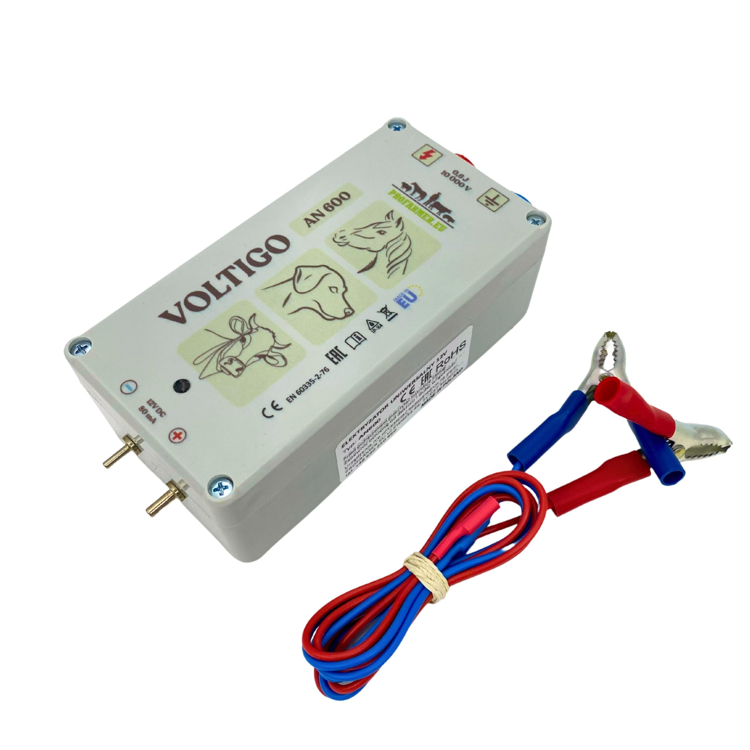 VOLTIGO AN 600 urządzenie do ogrodzenia pastwiska, 230 V/12 V, mobilne ogrodzenie elektryczne dla koni, psów, bydła, drobiu, w zestawie adapter sieciowy, kabel akumulatora 10 000 V